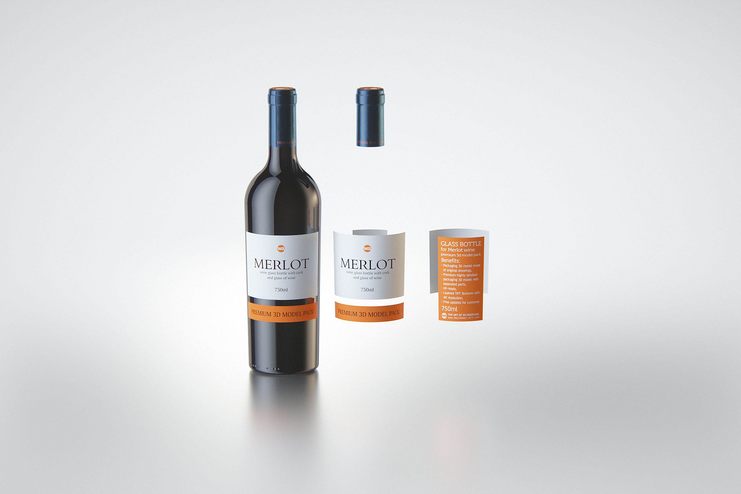 3D model of the Merlot Wine Standard Bottle 750ml with cork and glass of wine