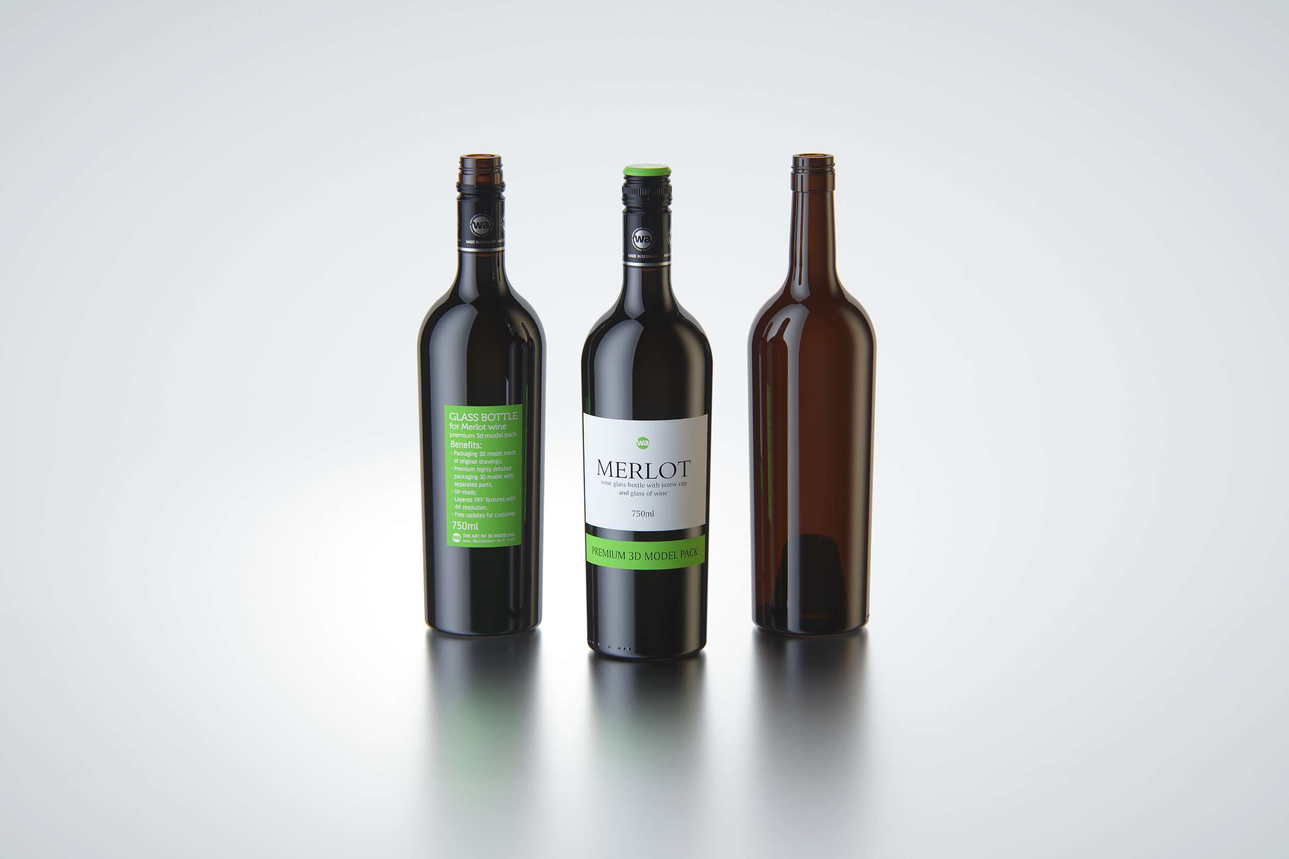 3D model of the Merlot Wine Standard Bottle 750ml with screw cap and glass of wine