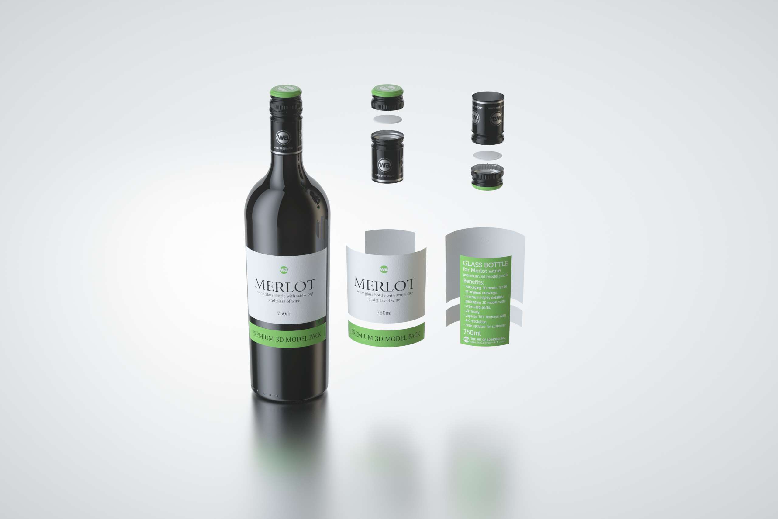 3D model of the Merlot Wine Standard Bottle 750ml with screw cap and glass of wine