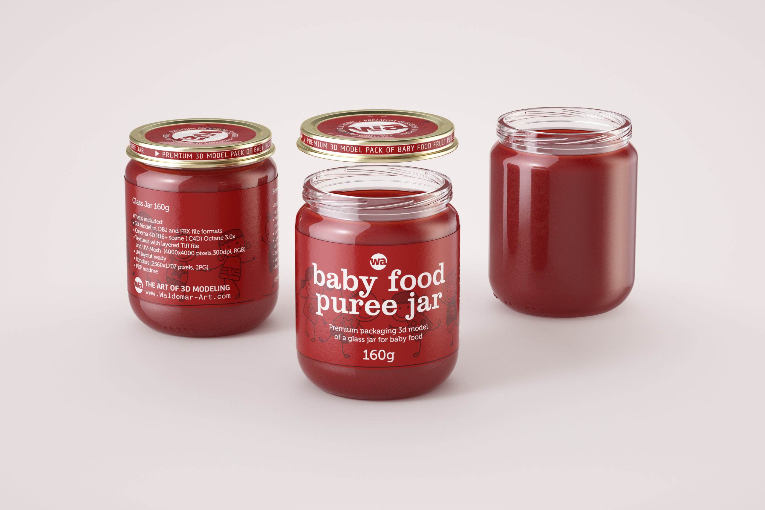 Baby Food Glass Jar 3D model 160g / WA Design Studio