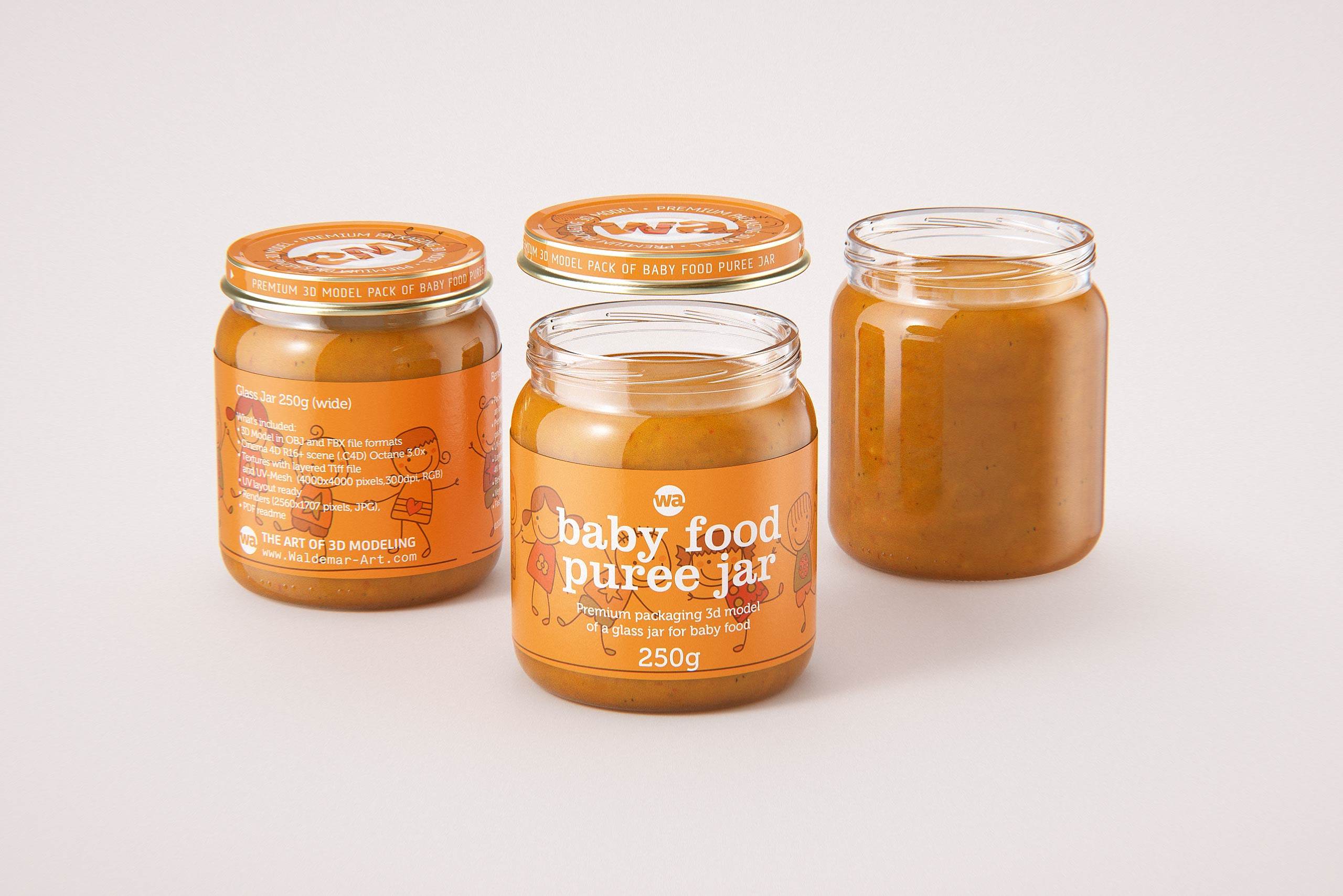 Baby food puree glass jar 250g wide packaging 3d model / WA Design Studio
