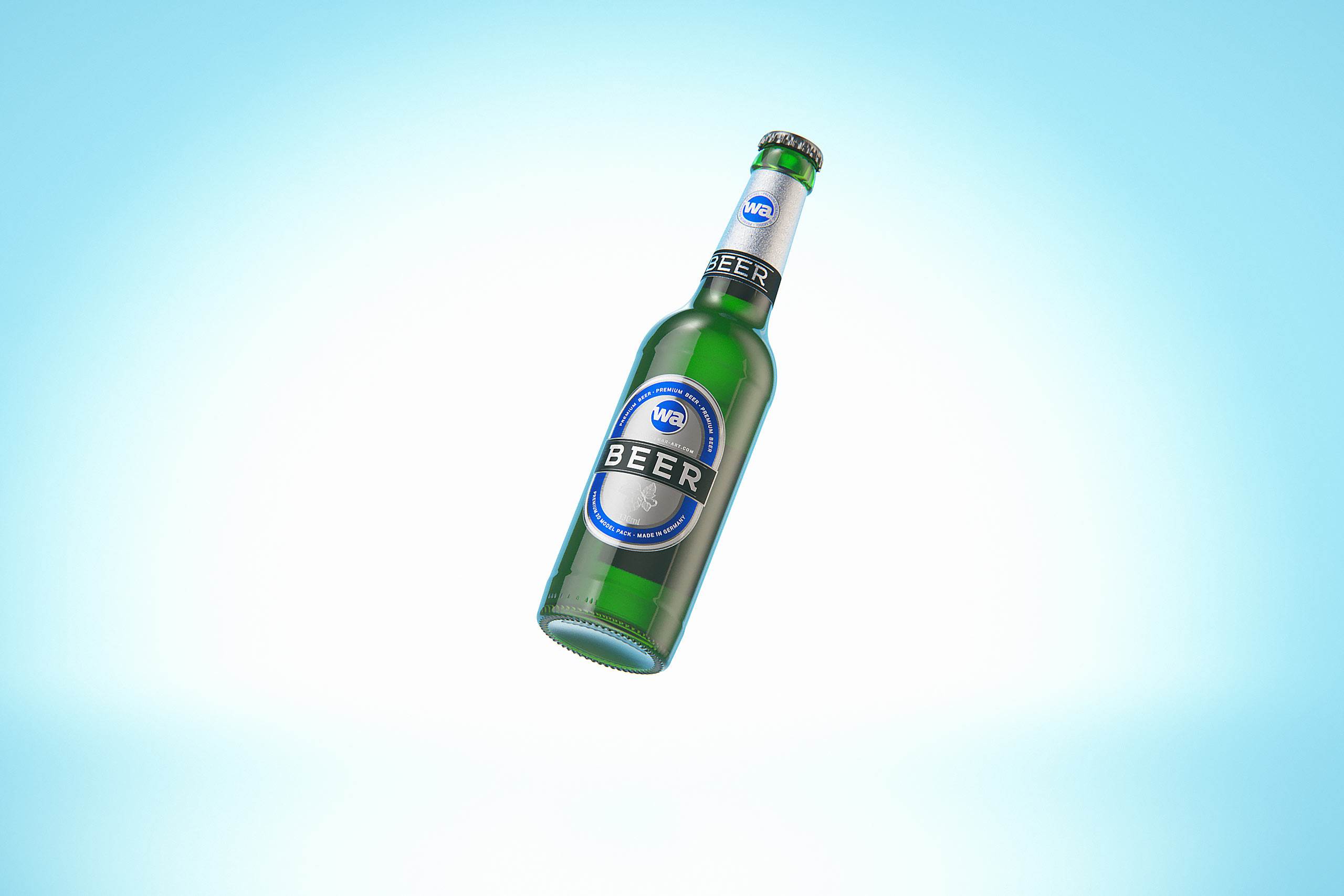 3D model of the Beer Green glass bottle 330ml with Crown cork, foil and label
