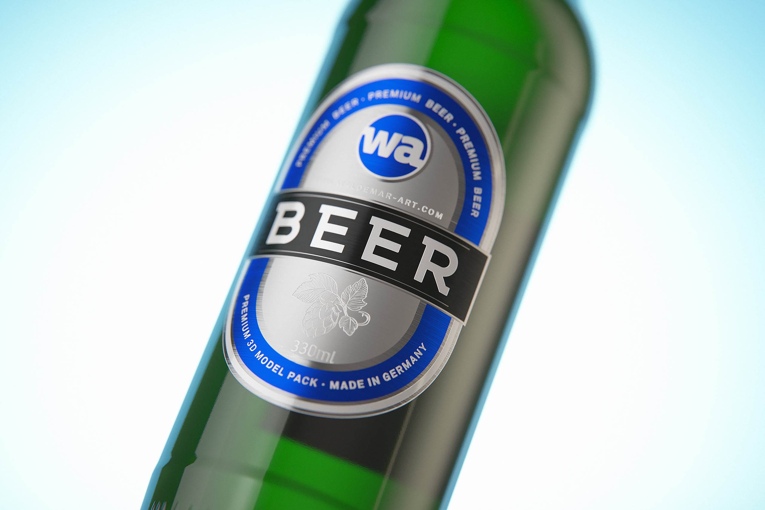 3D model of the Beer Green glass bottle 330ml with Crown cork, foil and label