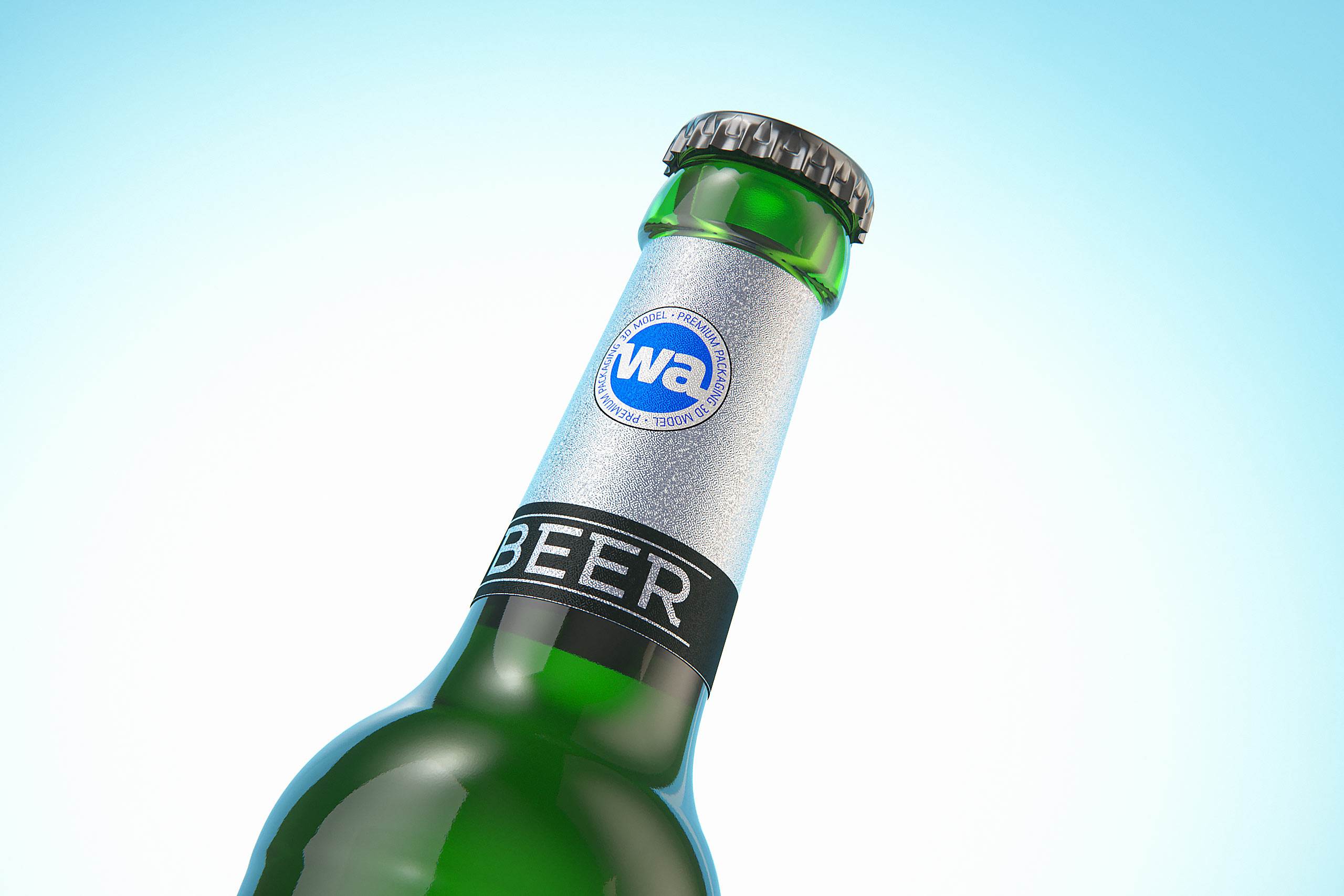 3D model of the Beer Green glass bottle 330ml with Crown cork, foil and label