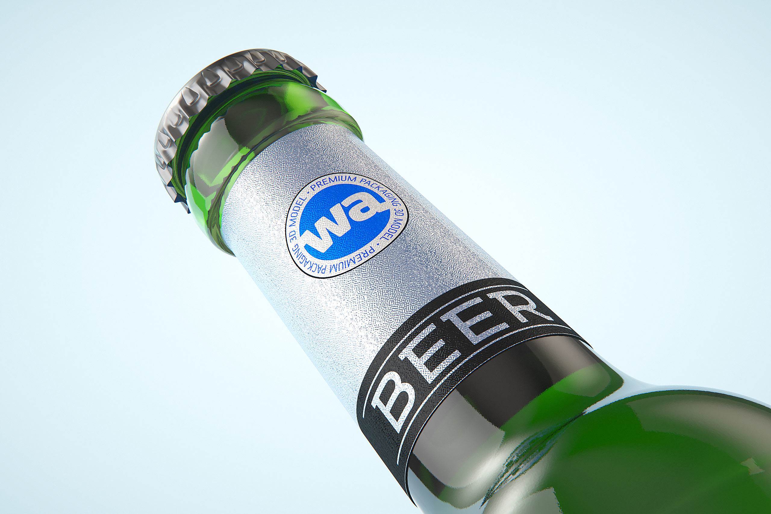 3D model of the Beer Green glass bottle 330ml with Crown cork, foil and label