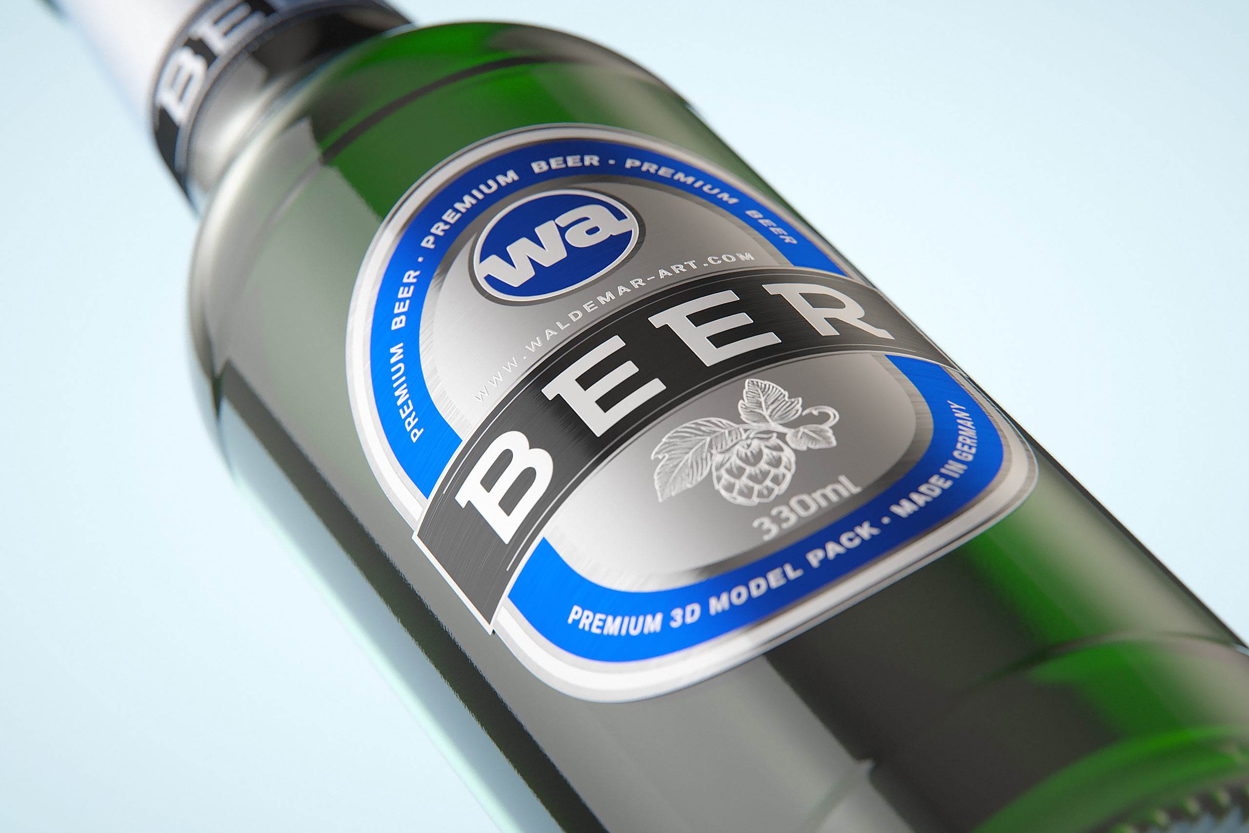 3D model of the Beer Green glass bottle 330ml with Crown cork, foil and label