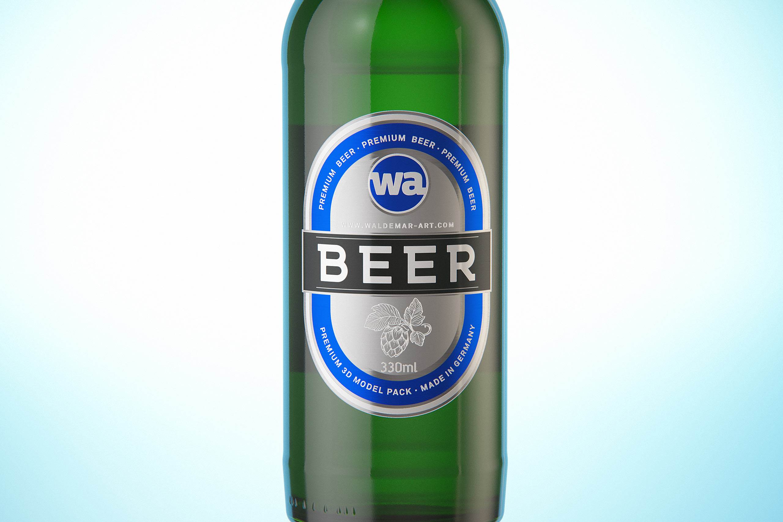 3D model of the Beer Green glass bottle 330ml with Crown cork, foil and label