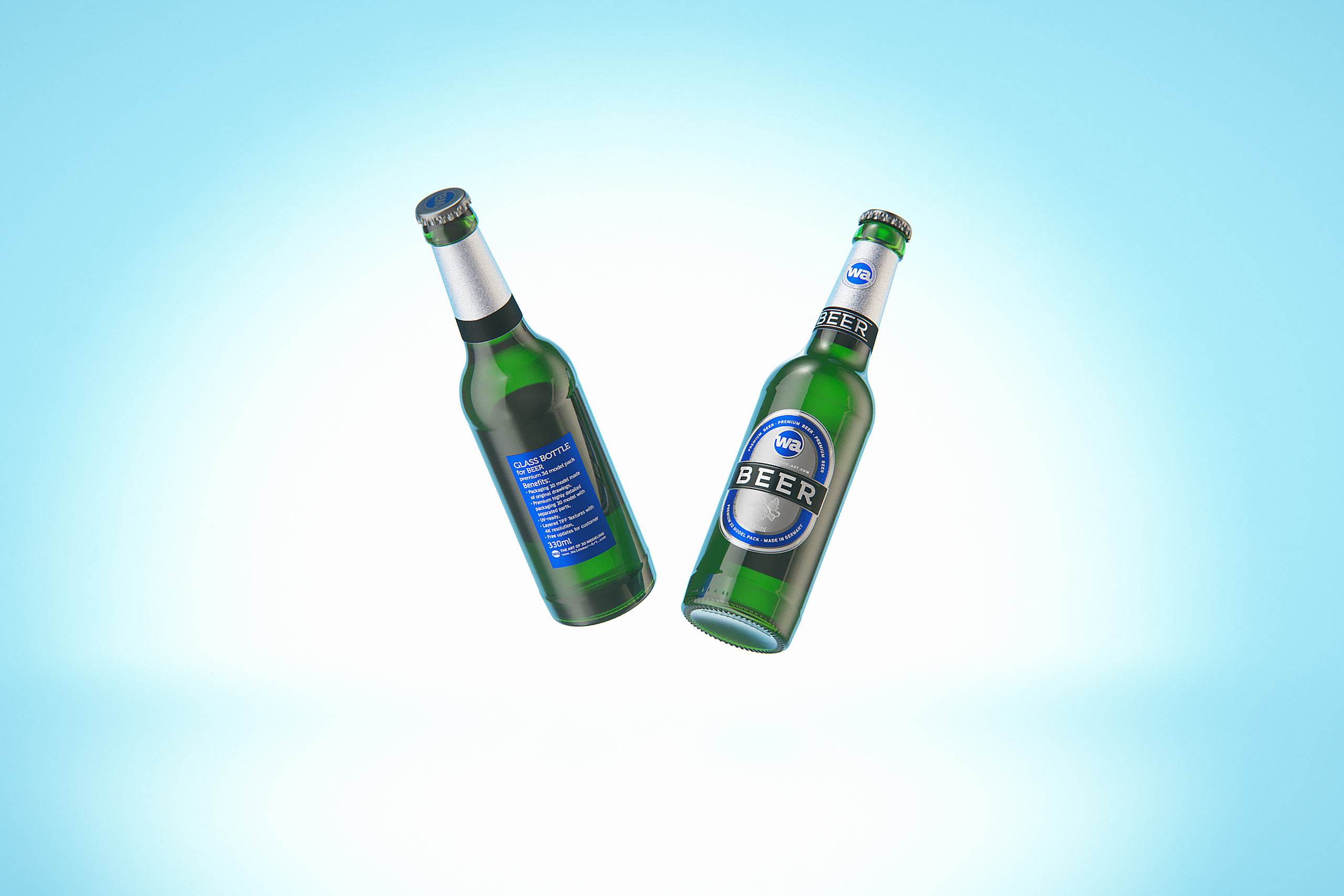 3D model of the Beer Green glass bottle 330ml with Crown cork, foil and label