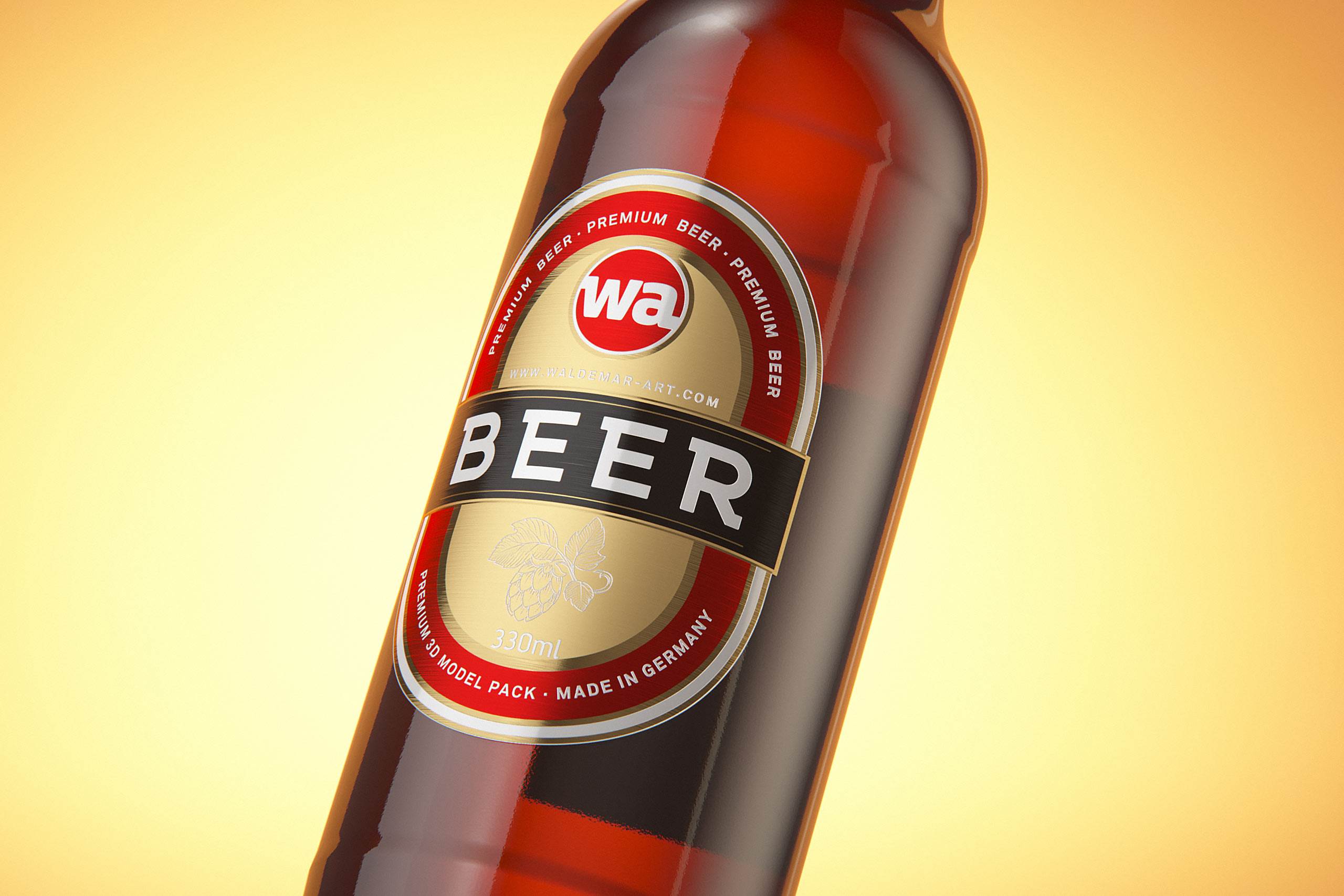 Packaging 3D model of a Beer Brown Glass Bottle 330ml with Crown cork, label and foil