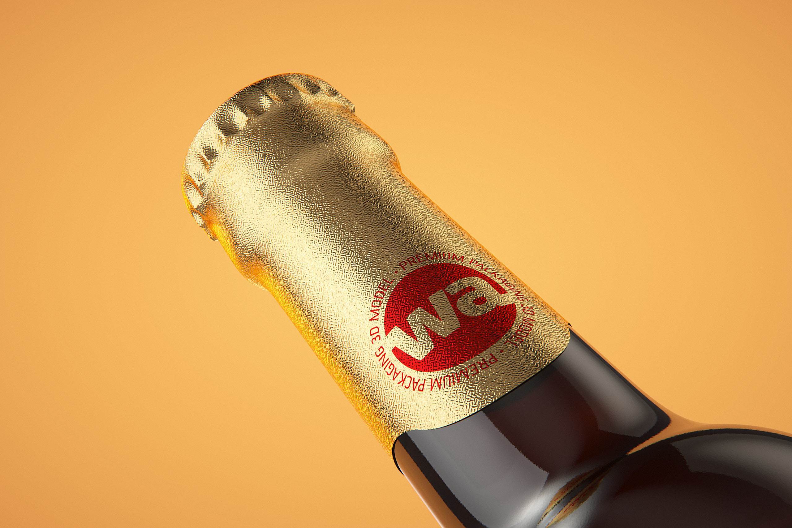 Packaging 3D model of a Beer Brown Glass Bottle 330ml with Crown cork, label and foil