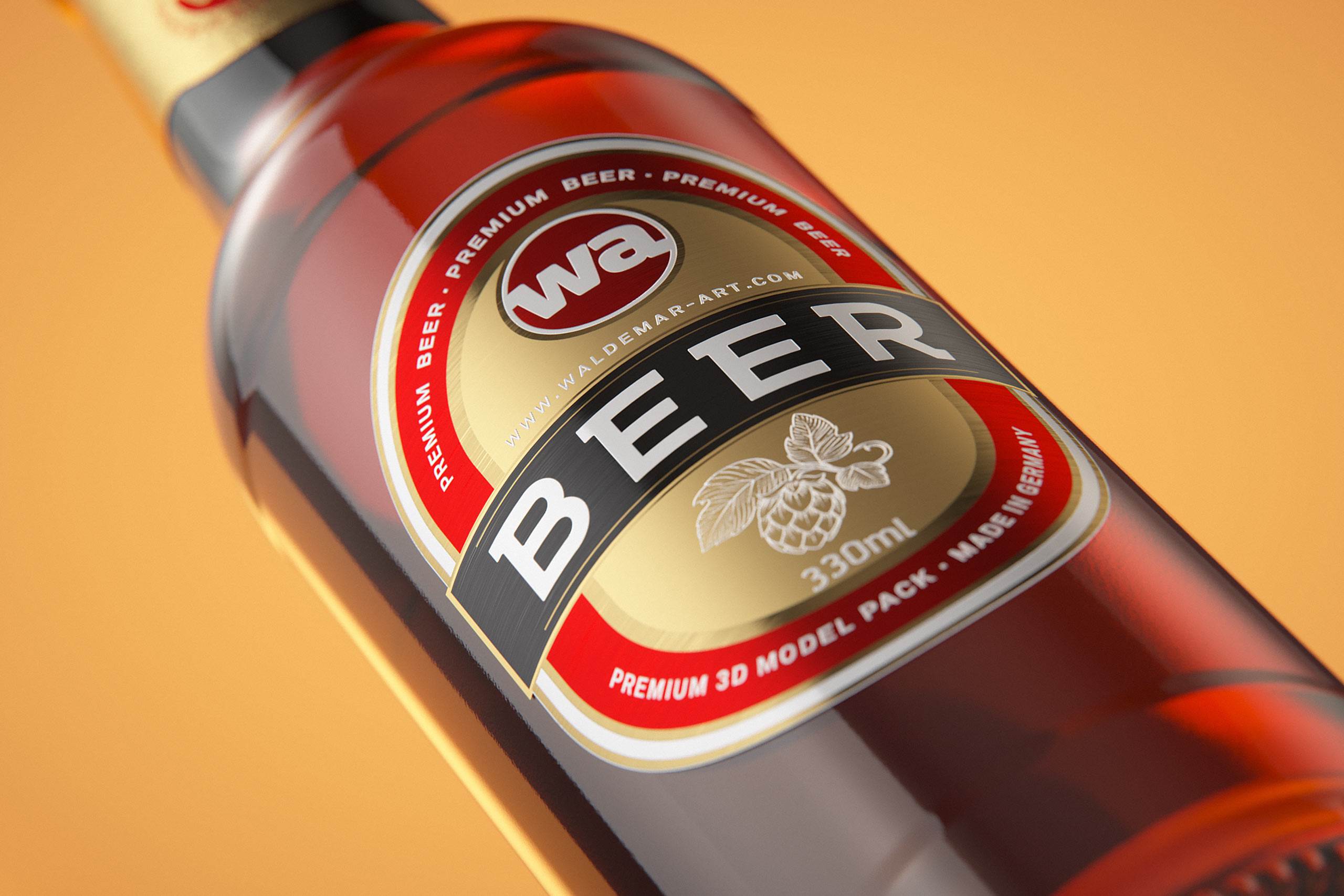 Packaging 3D model of a Beer Brown Glass Bottle 330ml with Crown cork, label and foil