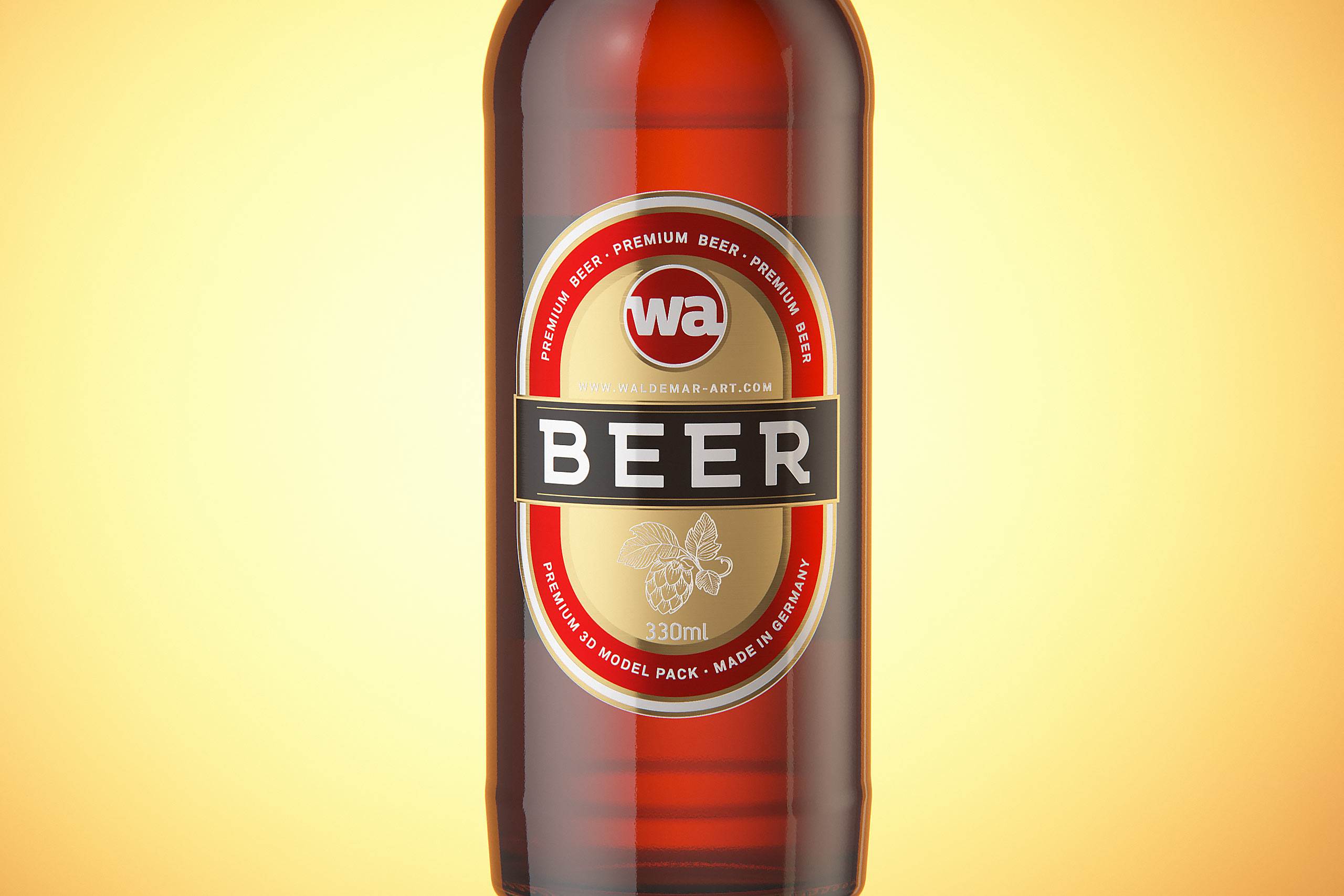 Packaging 3D model of a Beer Brown Glass Bottle 330ml with Crown cork, label and foil