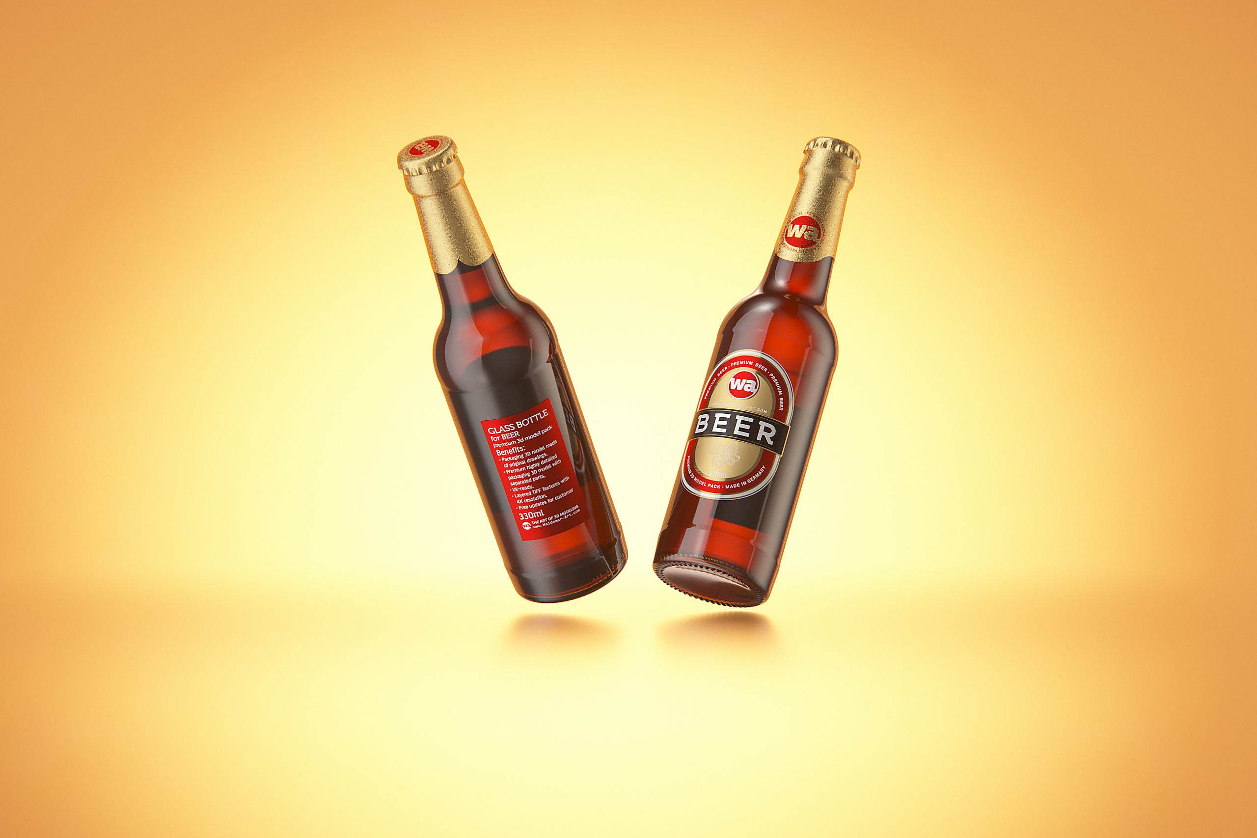 Packaging 3D model of a Beer Brown Glass Bottle 330ml with Crown cork, label and foil