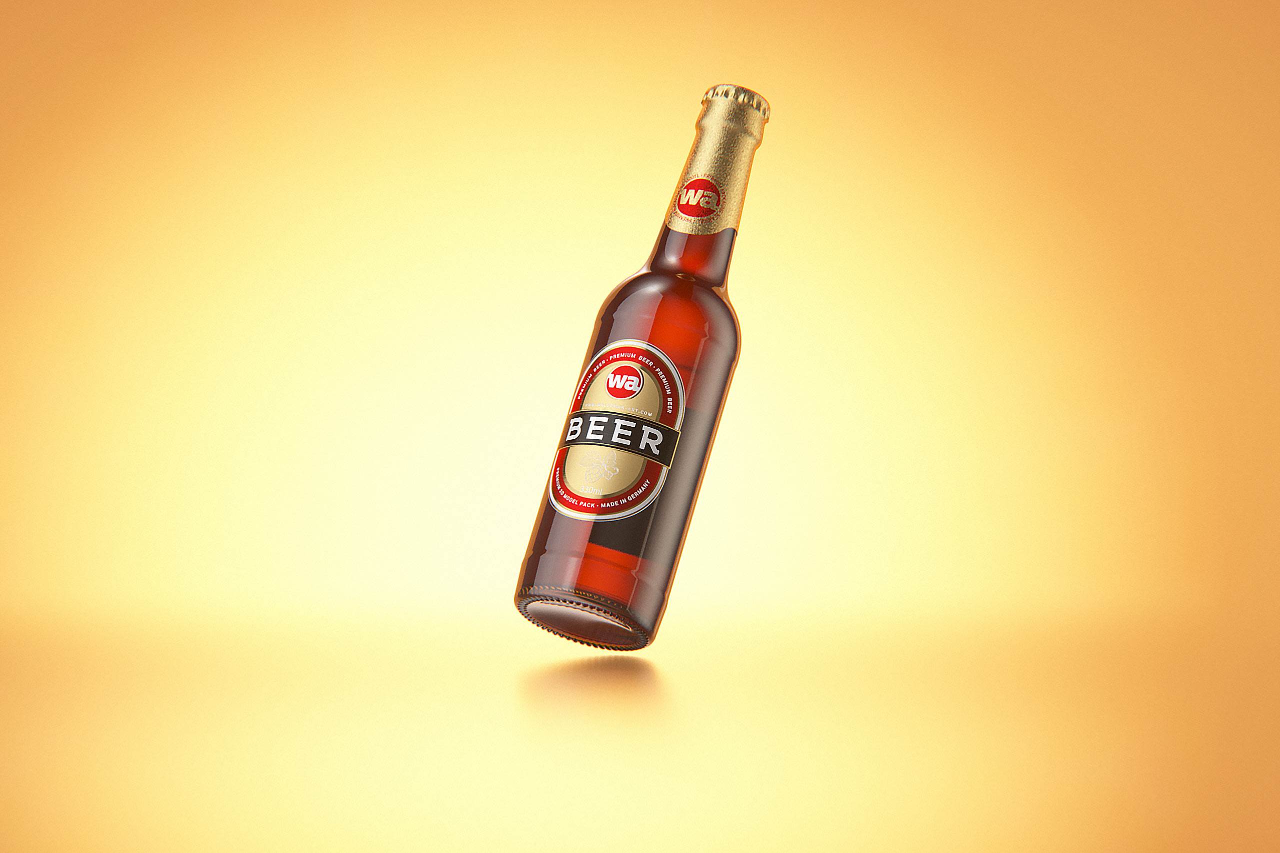 Packaging 3D model of a Beer Brown Glass Bottle 330ml with Crown cork, label and foil