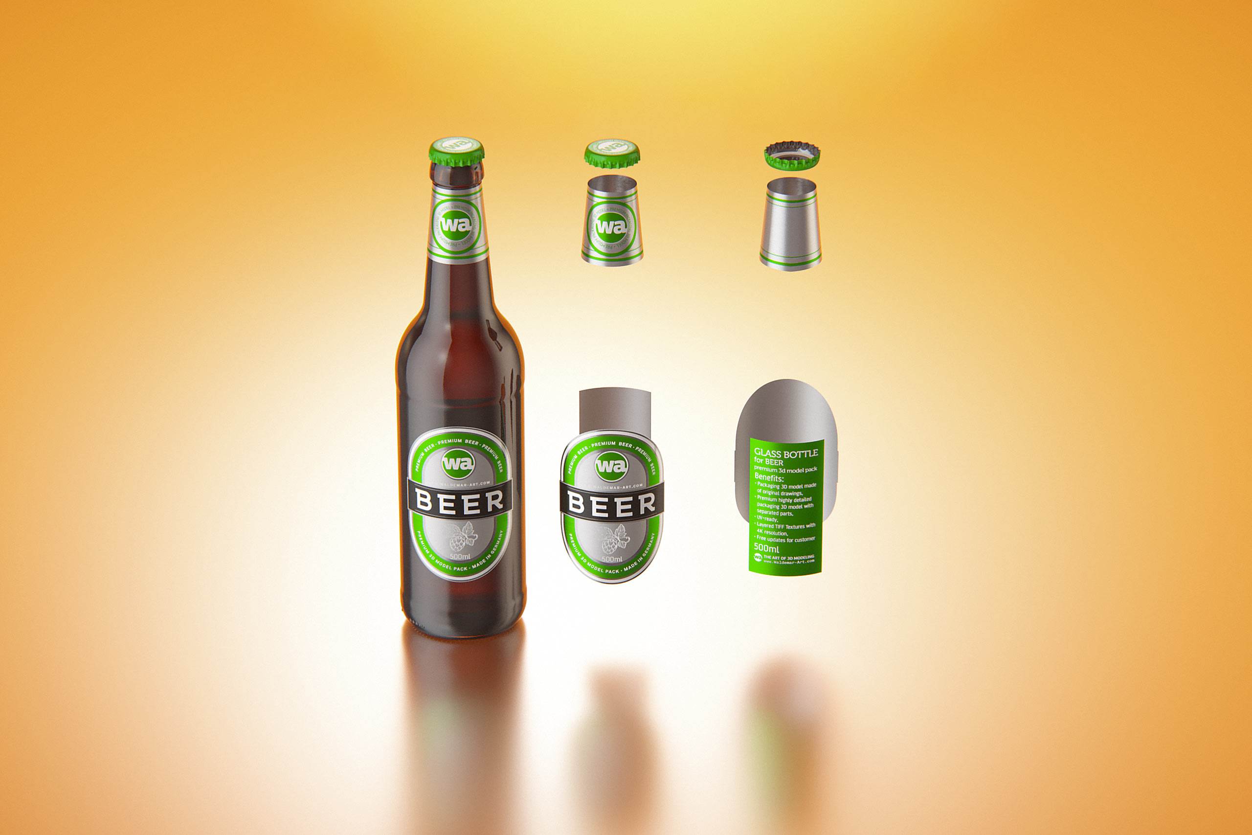 Packaging 3D model of a Beer Brown Glass Bottle 500ml (long neck) with Crown cork and label