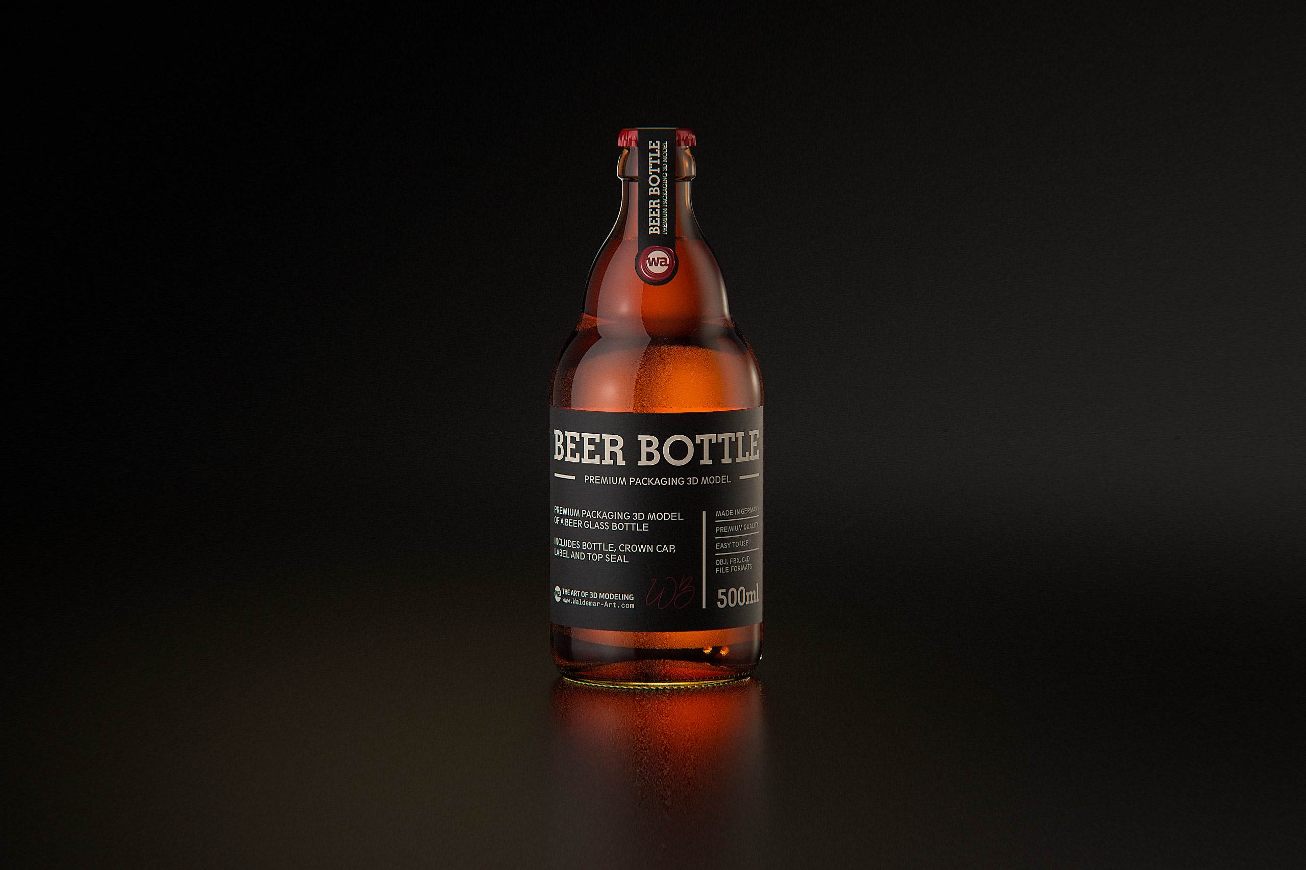 Download STEINIE Beer Glass Bottle 500ml 3d model with crown cork and labels / WA Design Studio