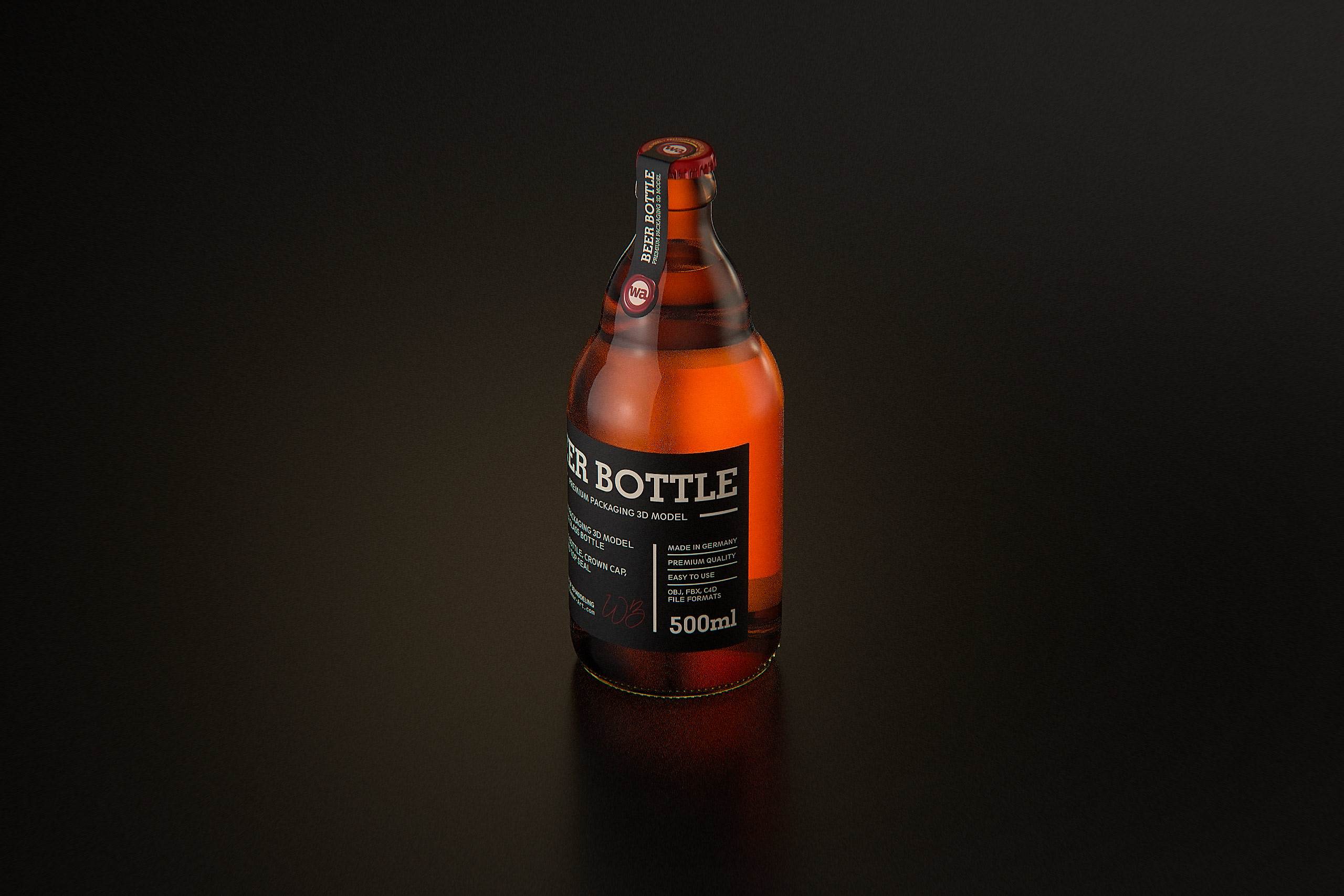 STEINIE Beer Glass Bottle 500ml 3d model with crown cork and labels