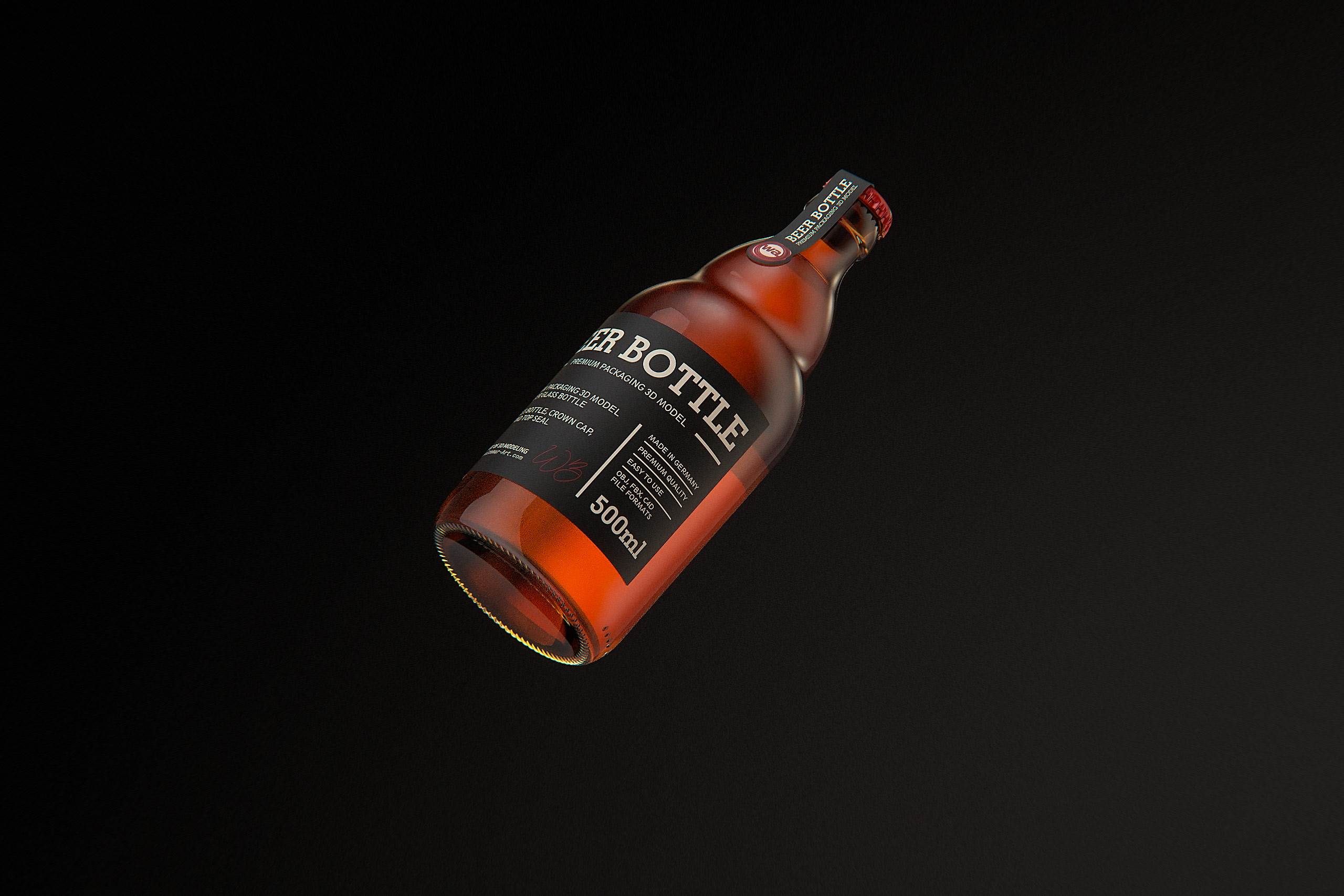 STEINIE Beer Glass Bottle 500ml 3d model with crown cork and labels