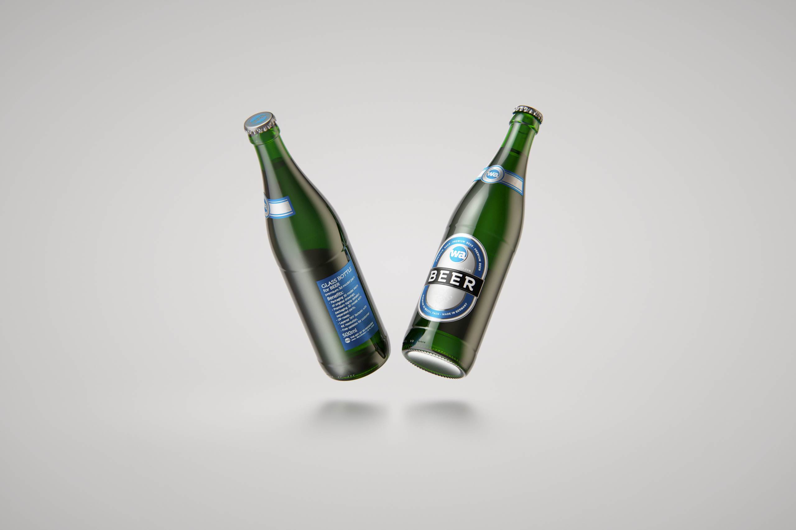 Standard Beer Bottle 3D model NRW 500ml with Crown cork and labels