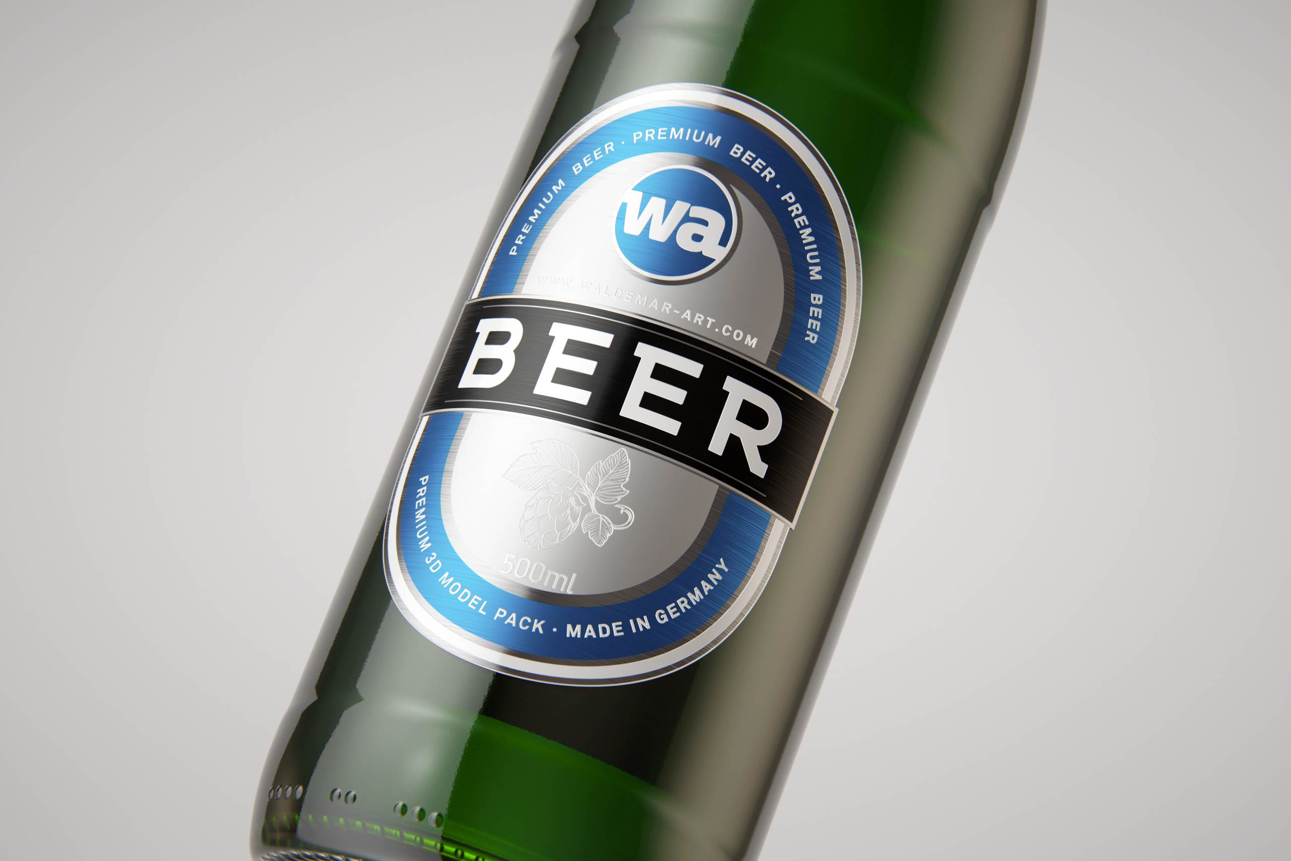 Standard Beer Bottle 3D model NRW 500ml with Crown cork and labels