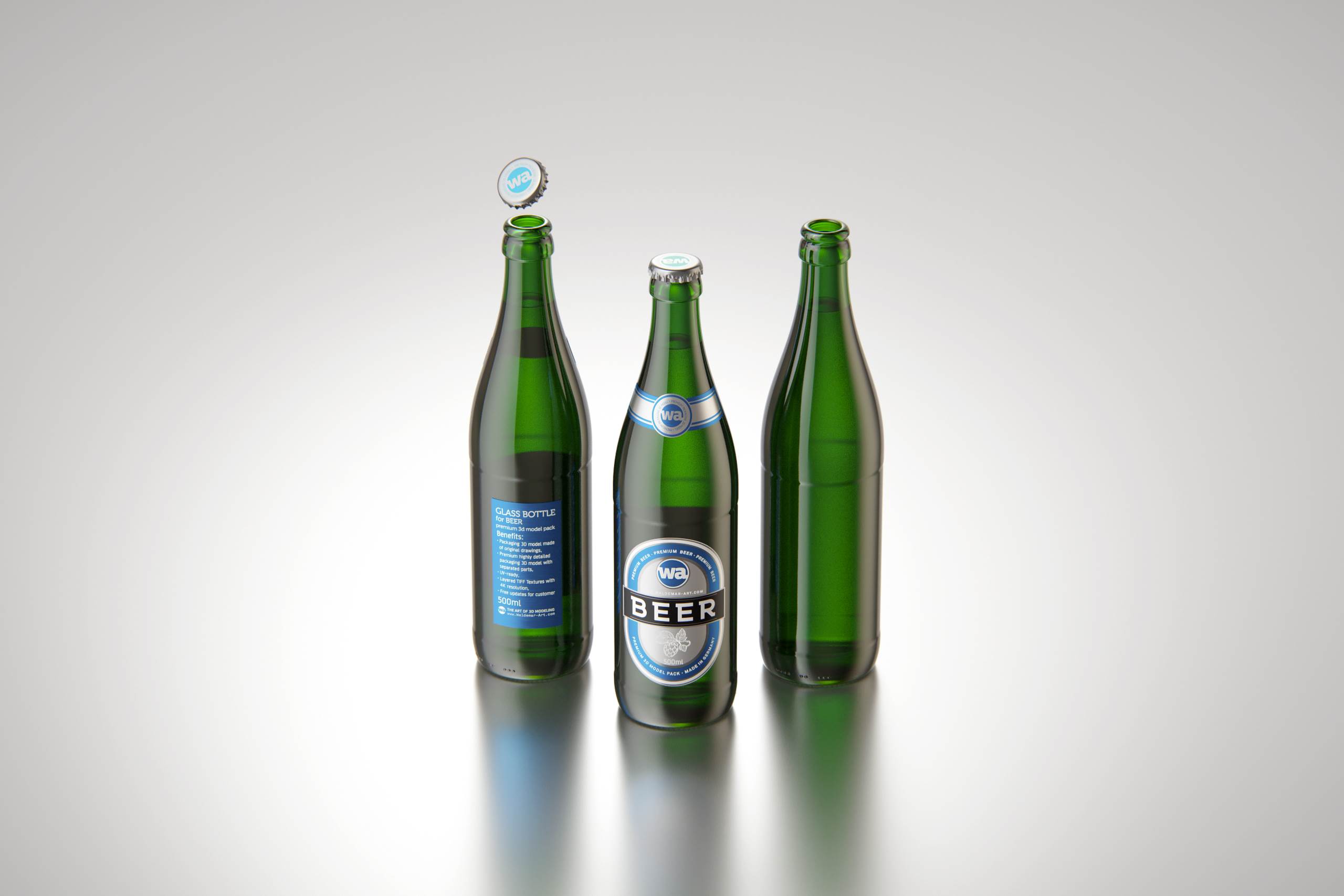 Standard Beer Bottle 3D model NRW 500ml with Crown cork and labels