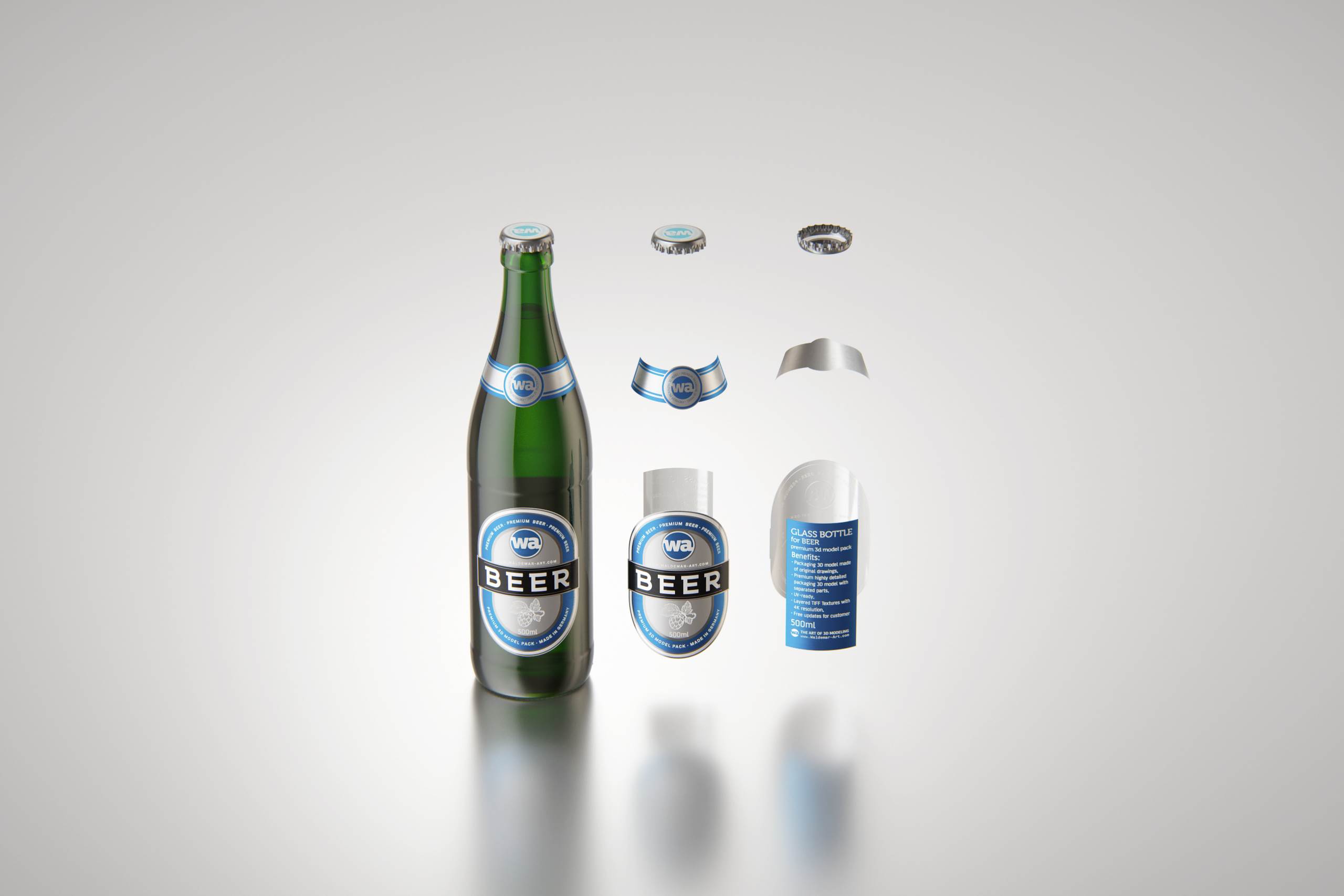 Standard Beer Bottle 3D model NRW 500ml with Crown cork and labels