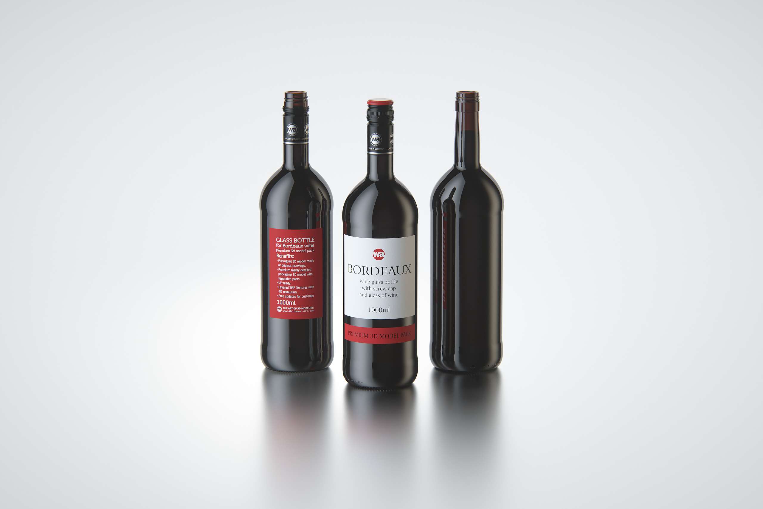 3D model of the Bordeaux Wine Standard Bottle 1000ml with Screw Cap and glass of wine