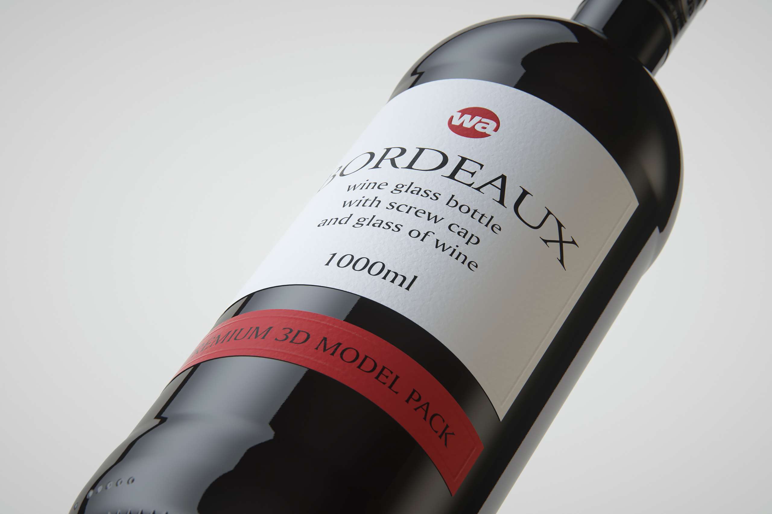 3D model of the Bordeaux Wine Standard Bottle 1000ml with Screw Cap and glass of wine