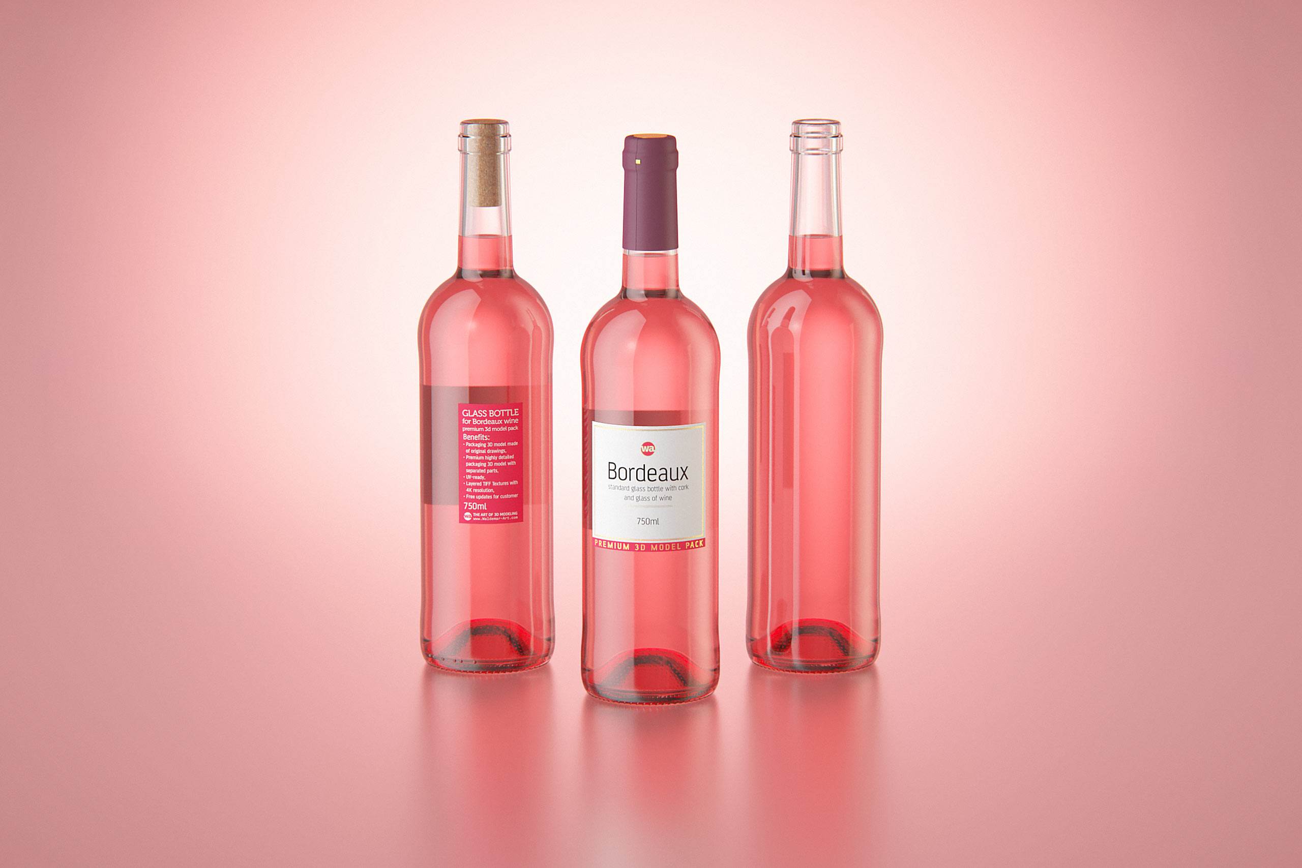 3D model of the Bordeaux Wine Standard Bottle 750ml with cork and glass of wine