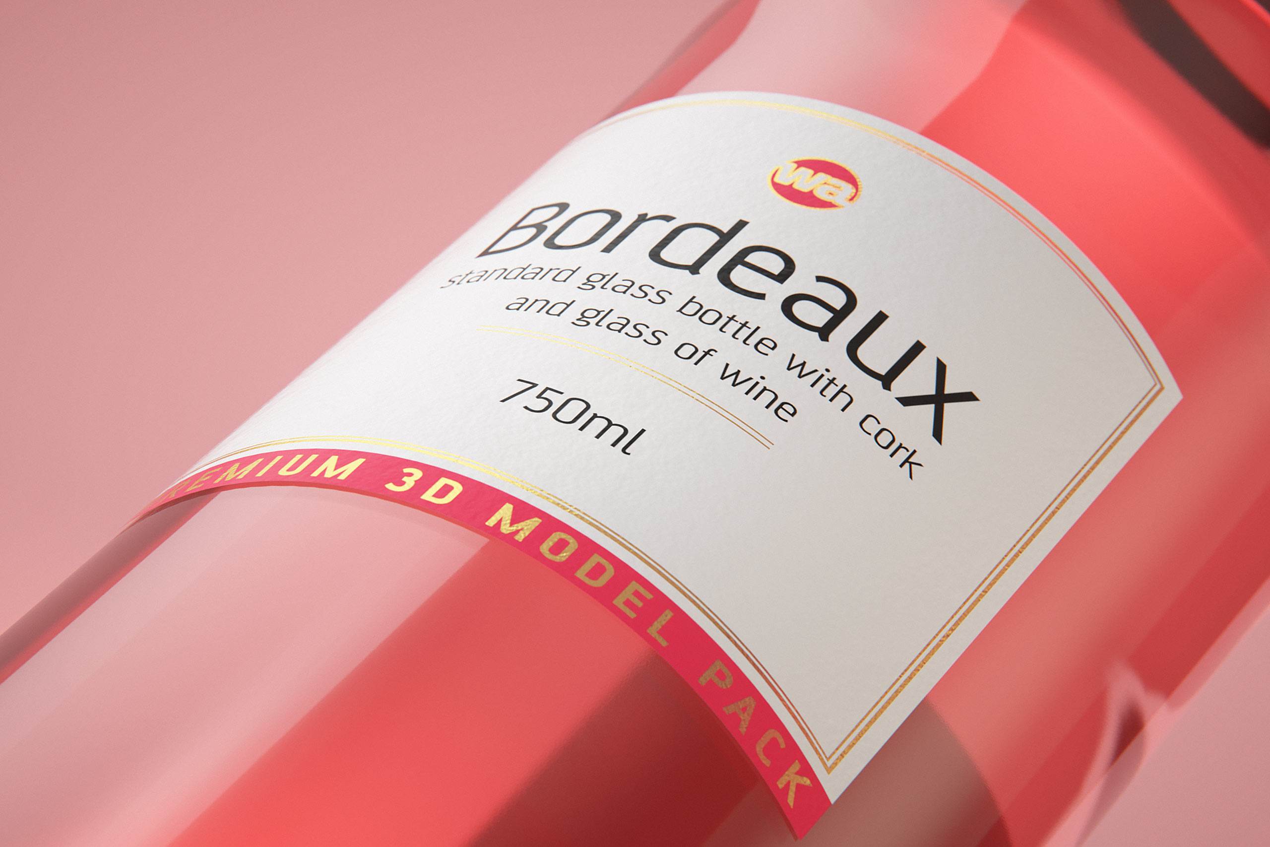 3D model of the Bordeaux Wine Standard Bottle 750ml with cork and glass of wine