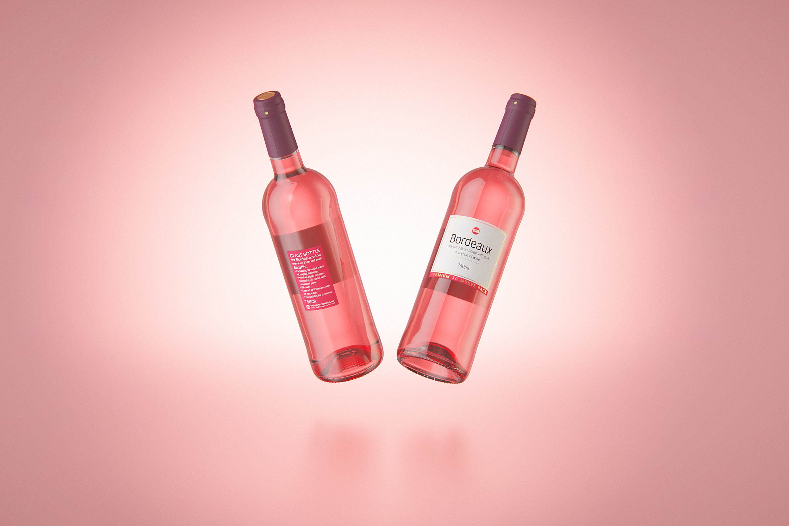 3D model of the Bordeaux Wine Standard Bottle 750ml with cork and glass of wine