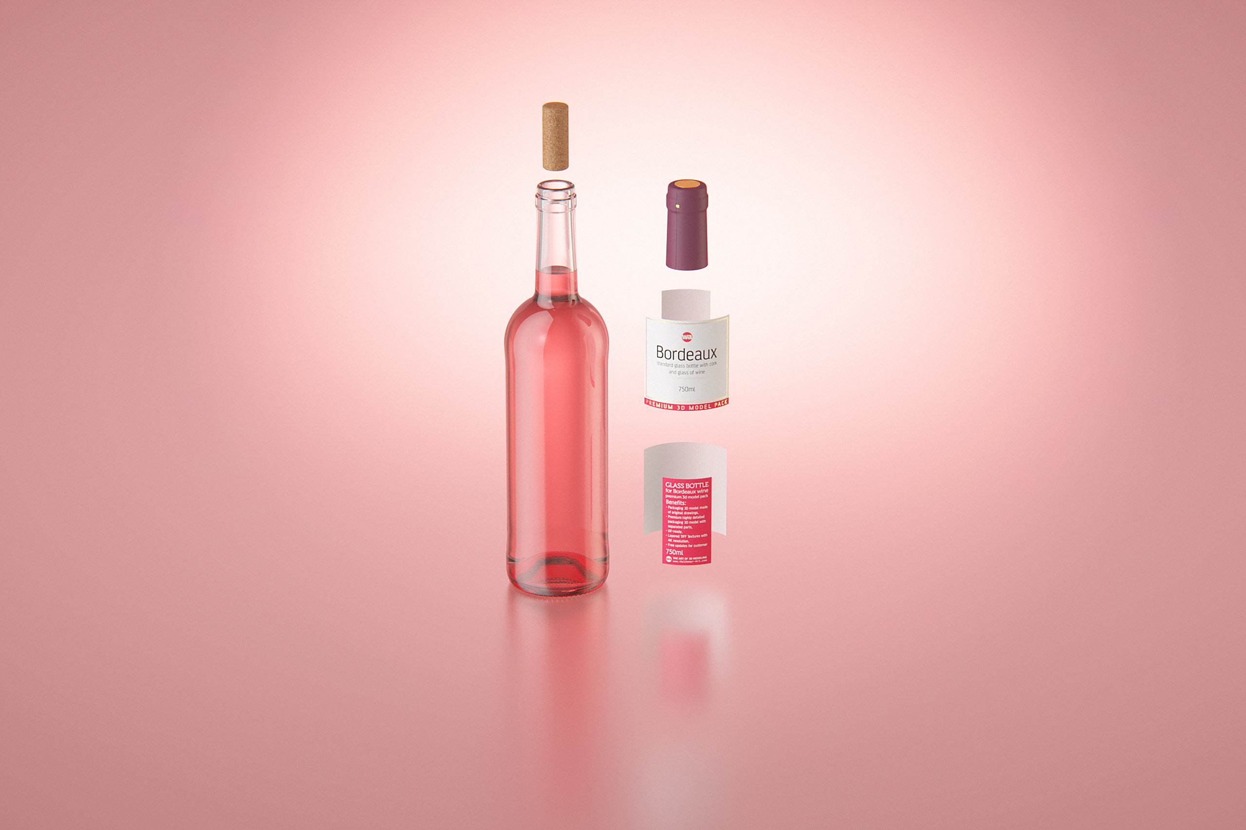 3D model of the Bordeaux Wine Standard Bottle 750ml with cork and glass of wine