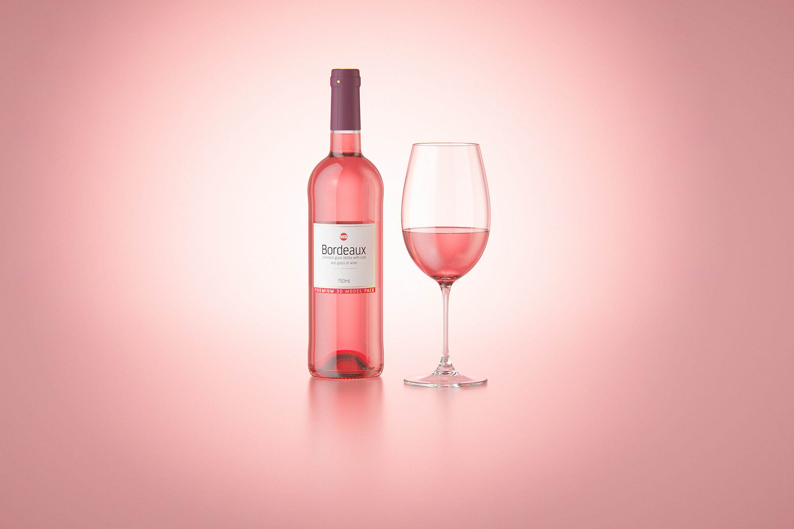 3D model of the Bordeaux Wine Standard Bottle 750ml with cork and glass of wine