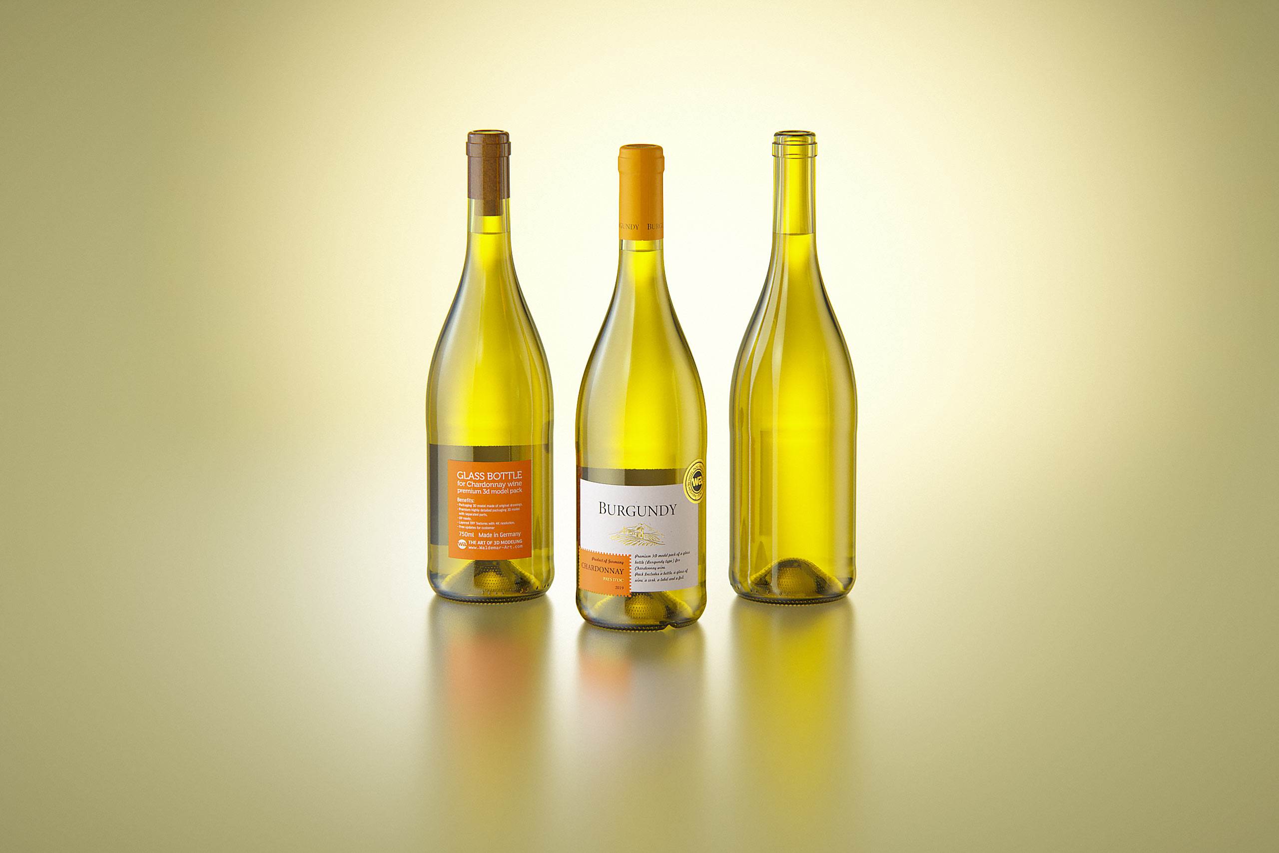 Wine bottle 3D model of Burgundy 750ml for Chardonnay wines with cork and a glass of wine