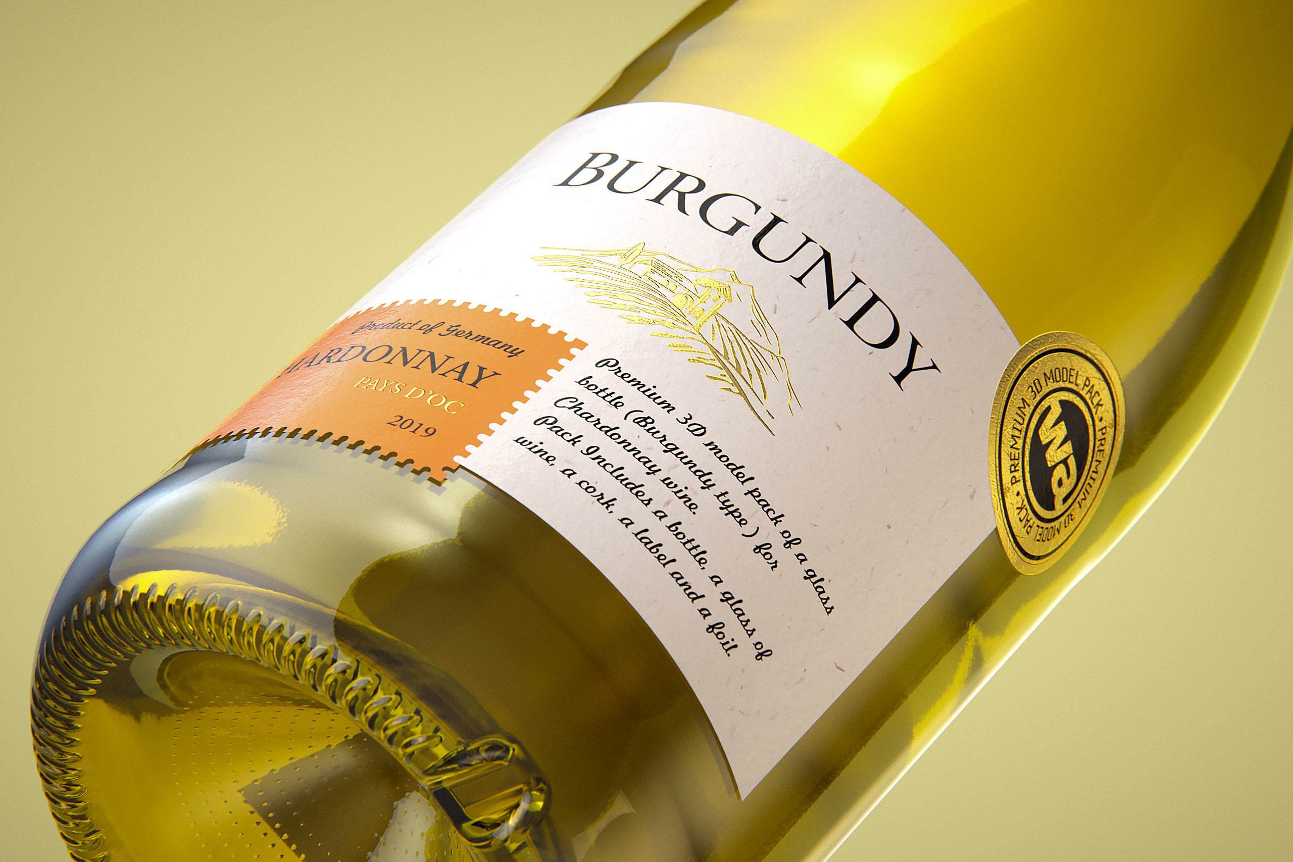 Wine bottle 3D model of Burgundy 750ml for Chardonnay wines with cork and a glass of wine
