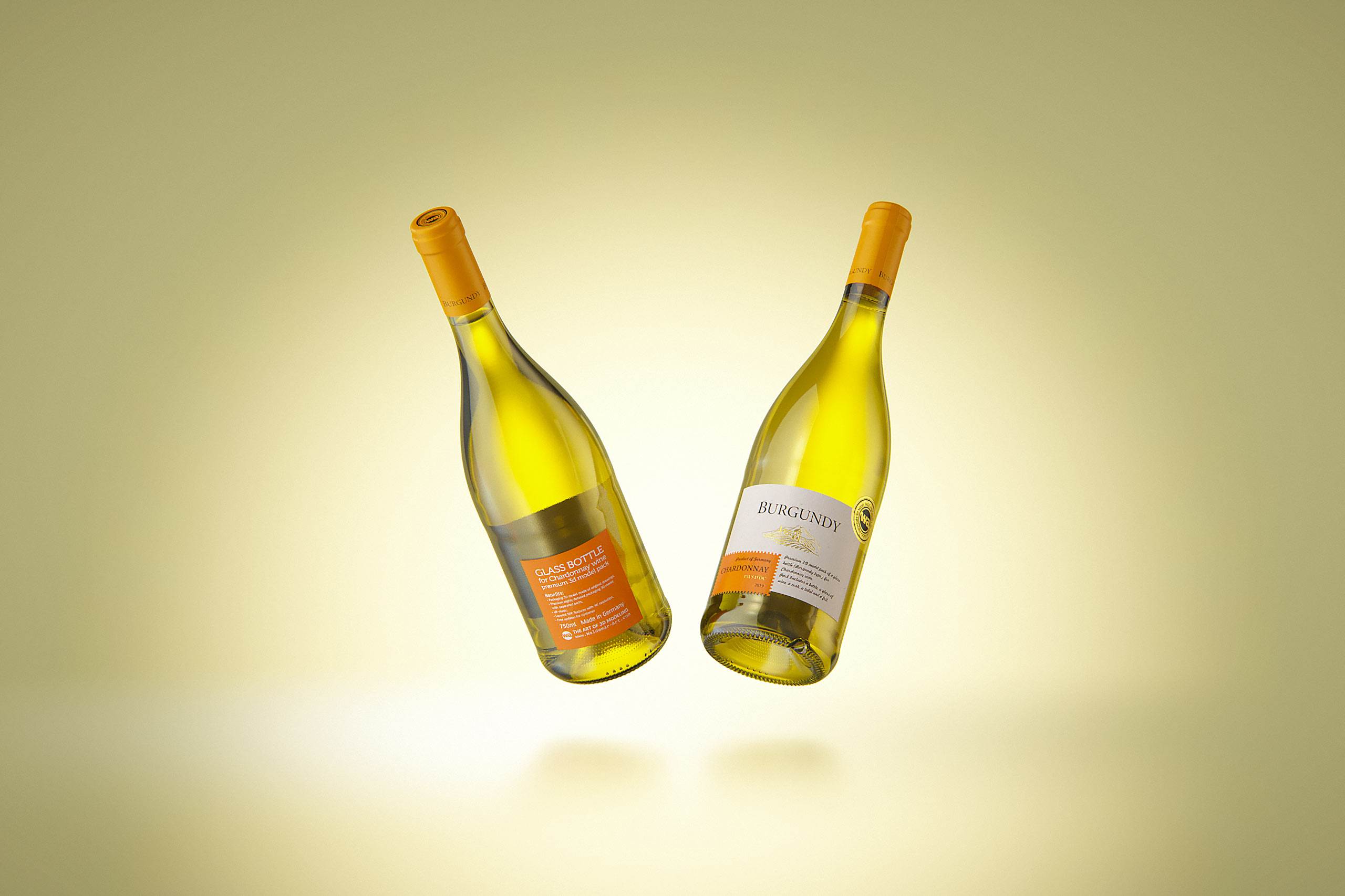 Wine bottle 3D model of Burgundy 750ml for Chardonnay wines with cork and a glass of wine