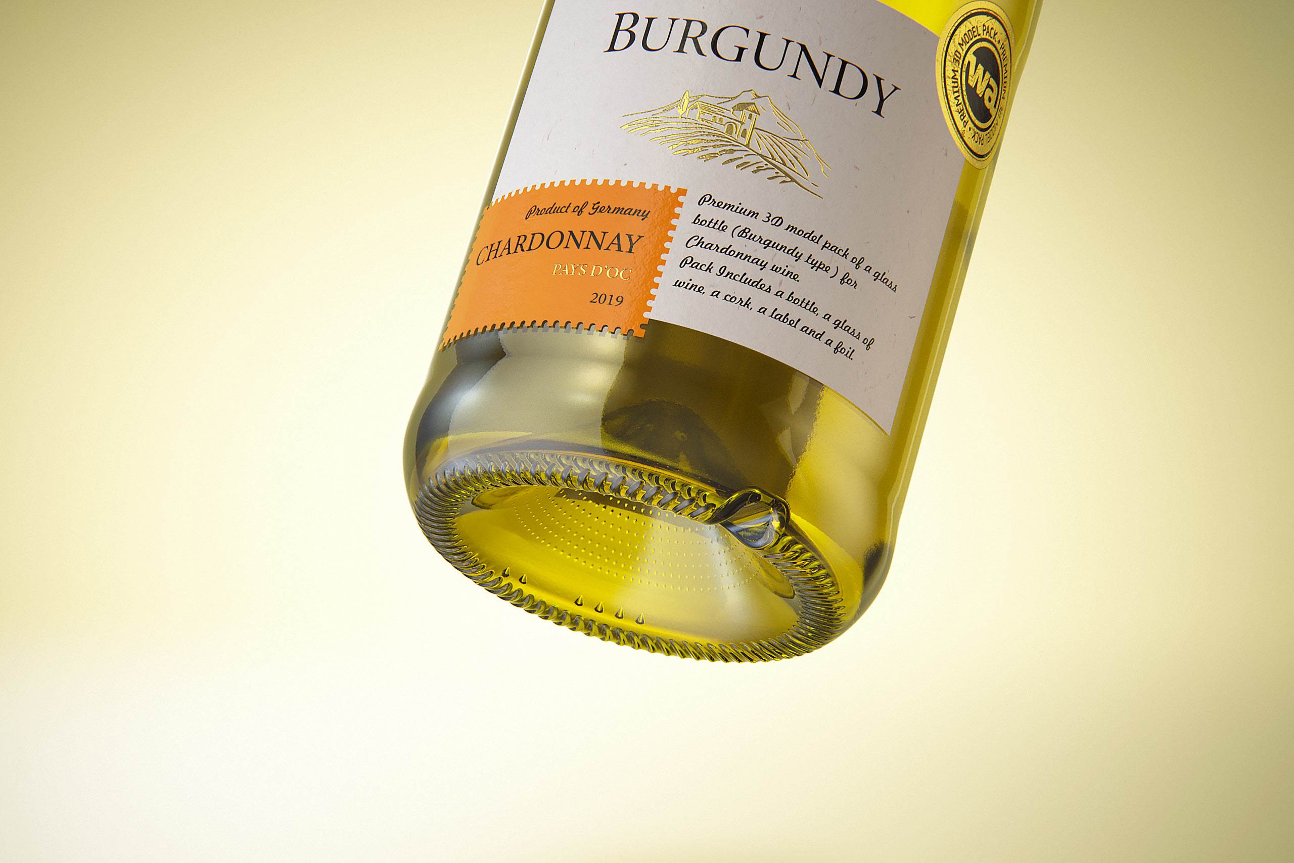 Wine bottle 3D model of Burgundy 750ml for Chardonnay wines with cork and a glass of wine
