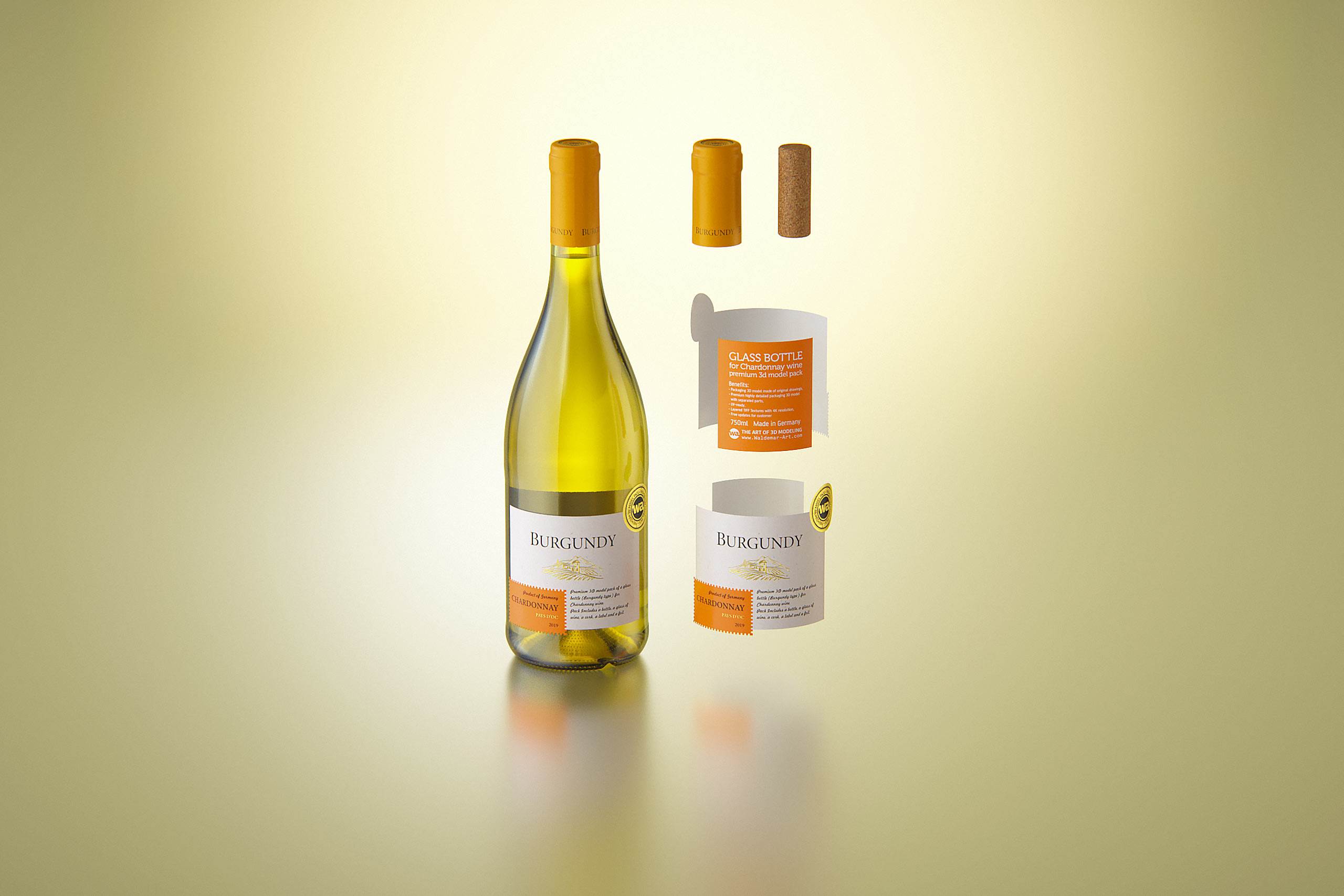 Wine bottle 3D model of Burgundy 750ml for Chardonnay wines with cork and a glass of wine