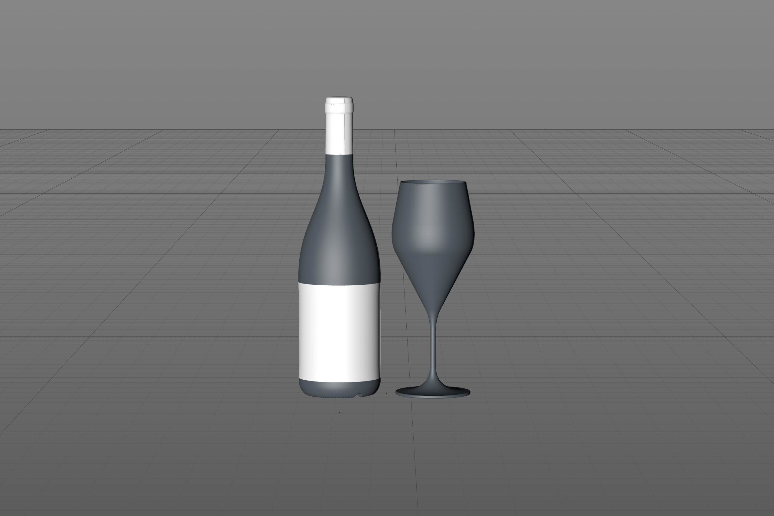 Wine bottle 3D model of Burgundy 750ml for Chardonnay wines with cork and a glass of wine
