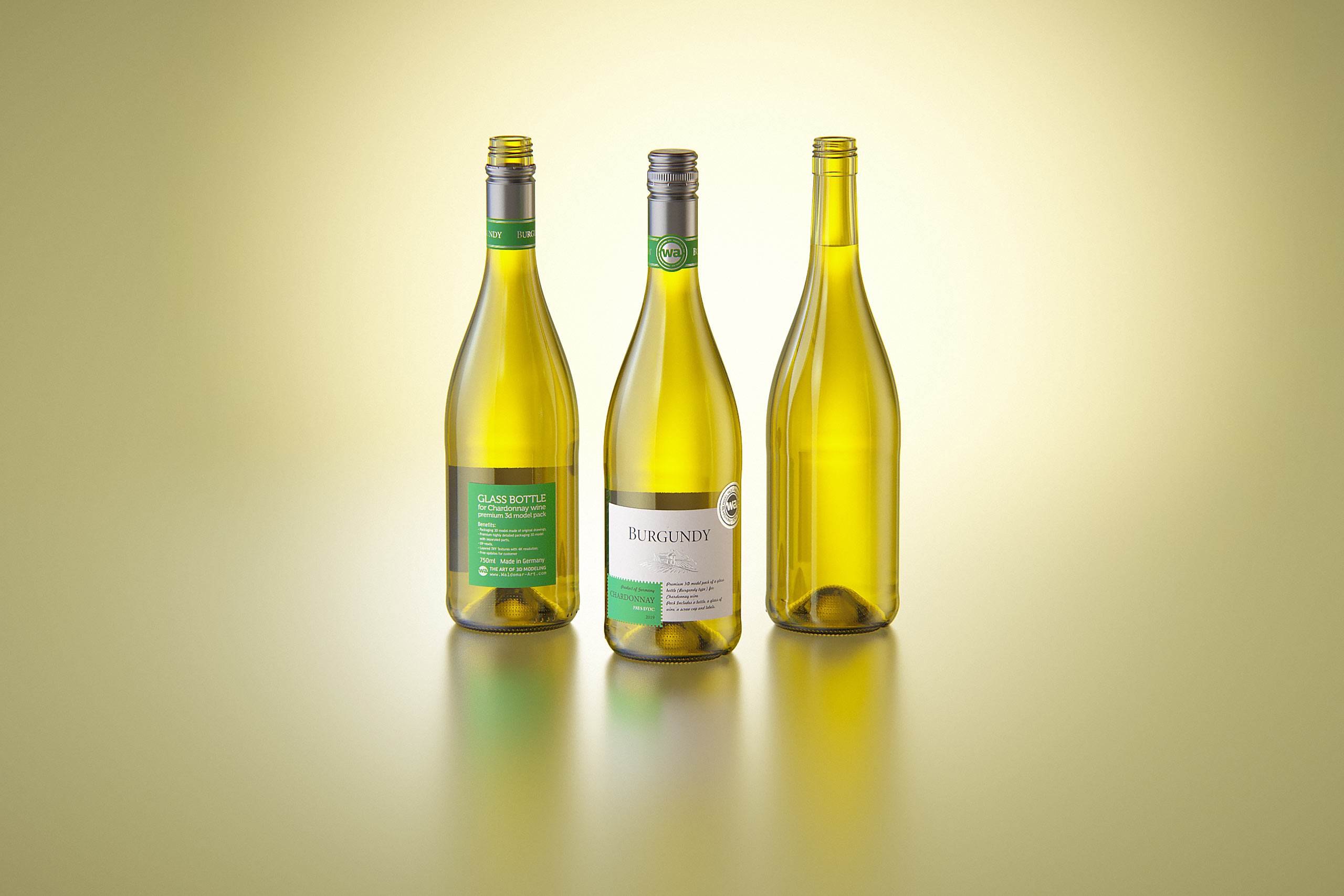 Wine bottle 3D model of Burgundy 750ml for Chardonnay with screw cap and a glass of wine