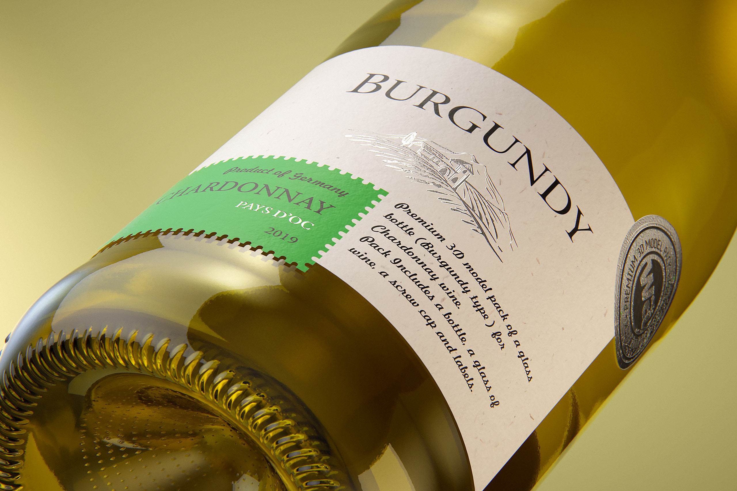 Wine bottle 3D model of Burgundy 750ml for Chardonnay with screw cap and a glass of wine