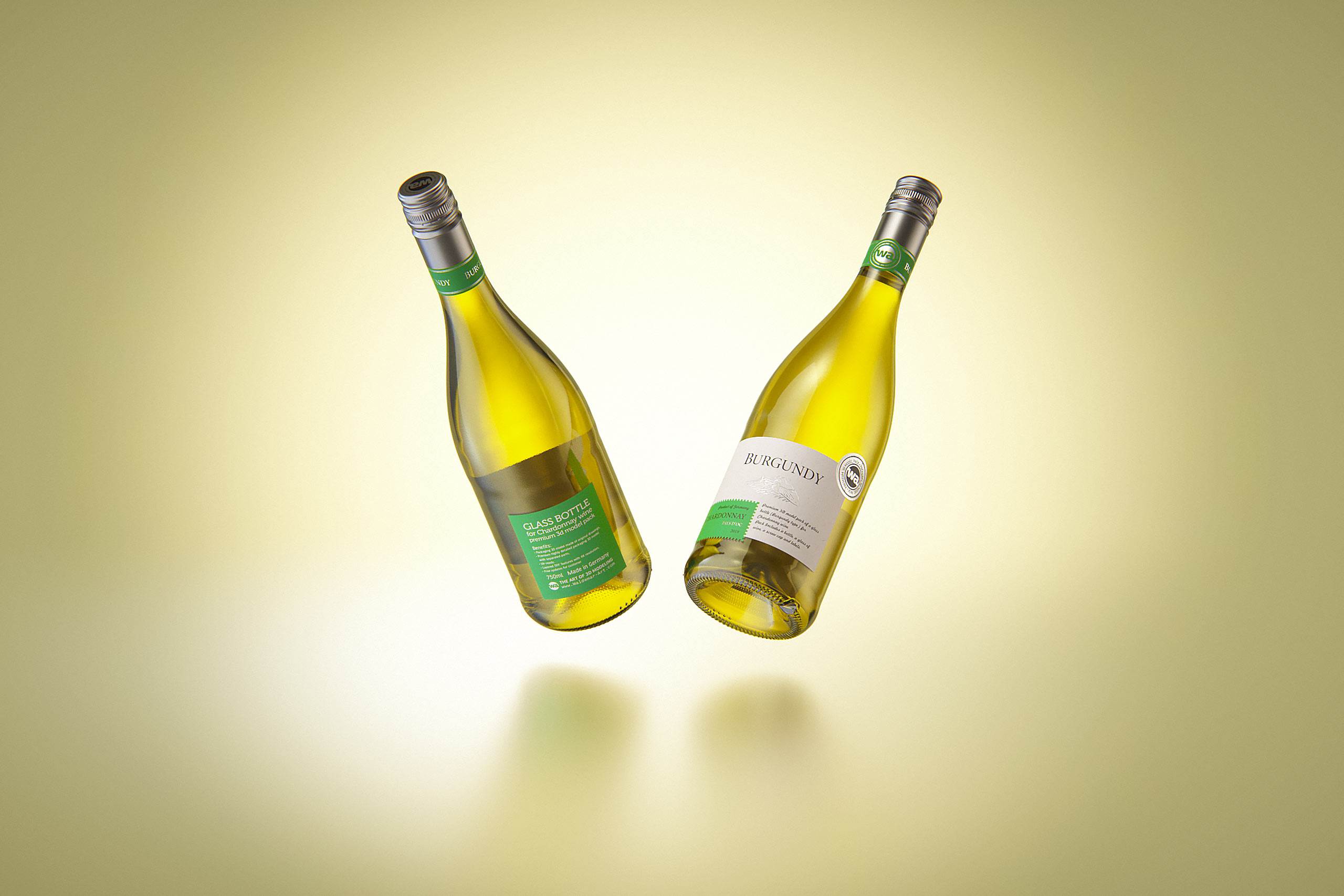 Wine bottle 3D model of Burgundy 750ml for Chardonnay with screw cap and a glass of wine