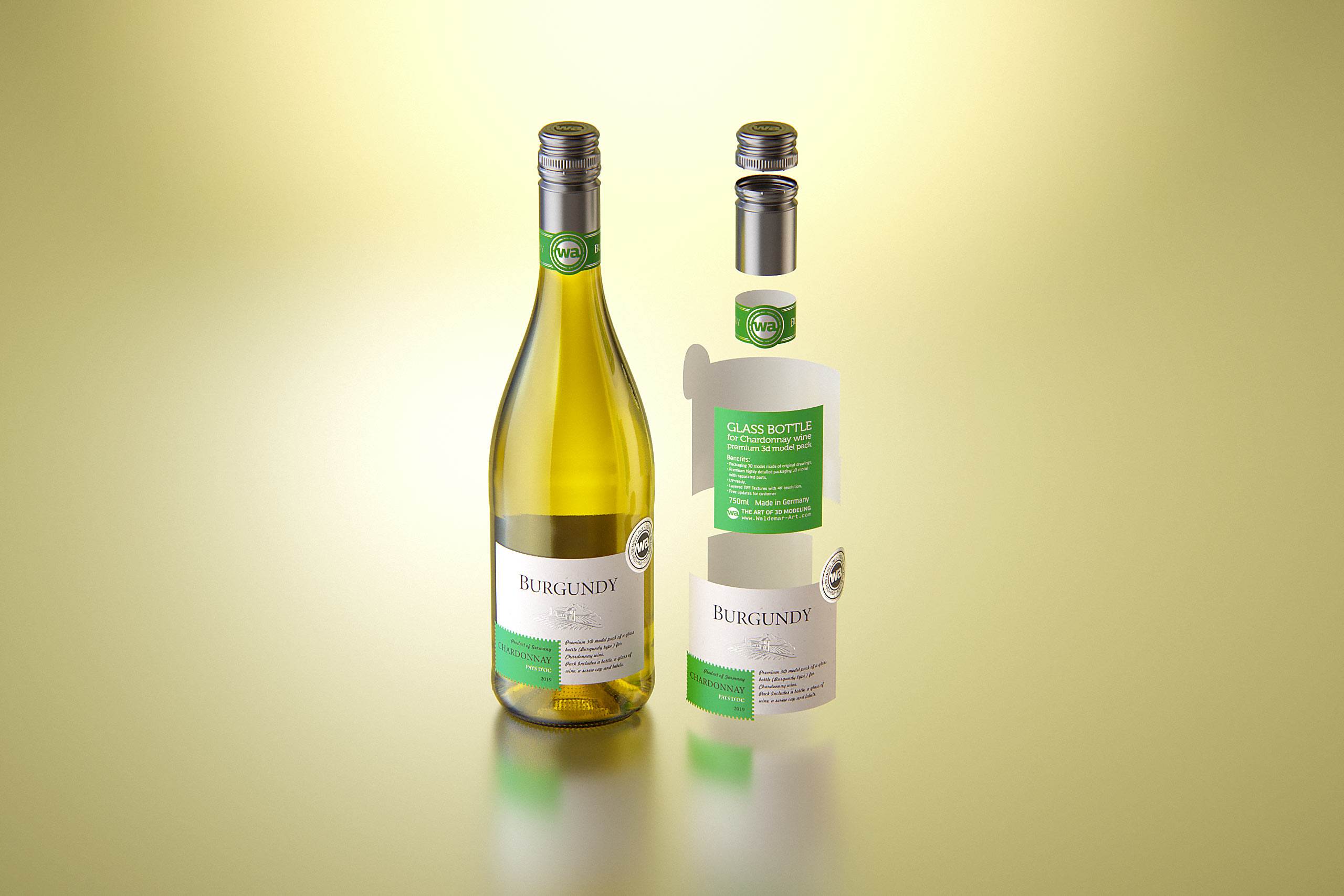 Wine bottle 3D model of Burgundy 750ml for Chardonnay with screw cap and a glass of wine