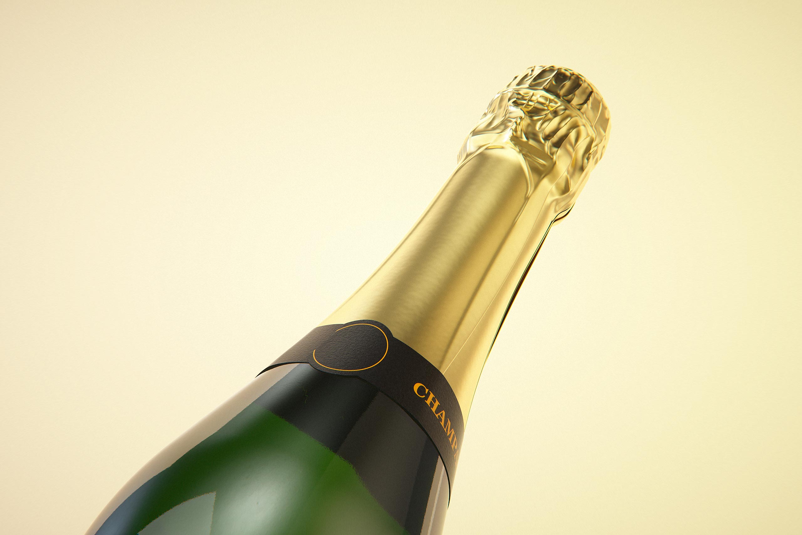 Champagne glass bottle 750ml 3d model for sparkling wine, with foil, labels, plastic cork and glass of wine