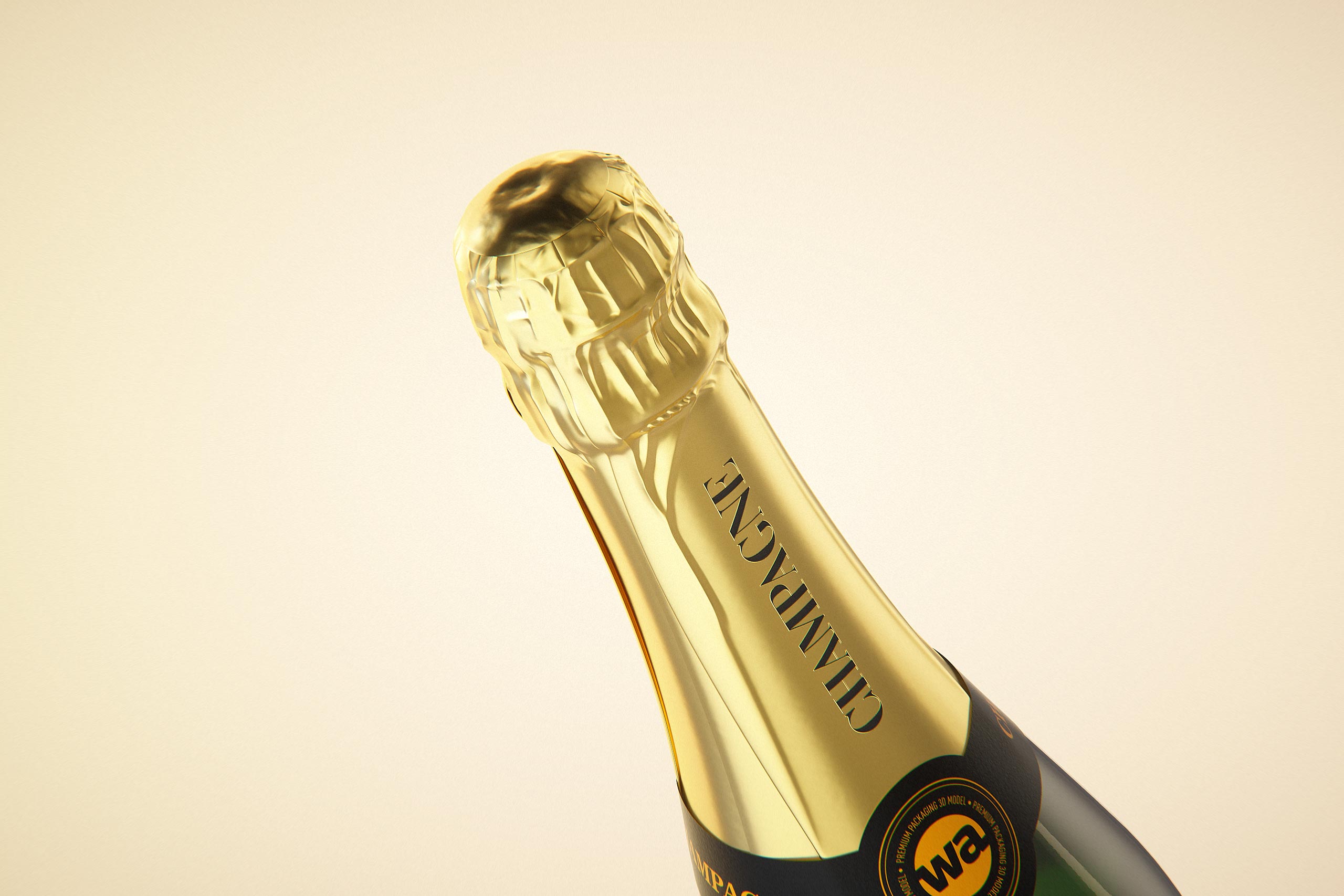 Champagne glass bottle 750ml 3d model for sparkling wine, with foil, labels, plastic cork and glass of wine