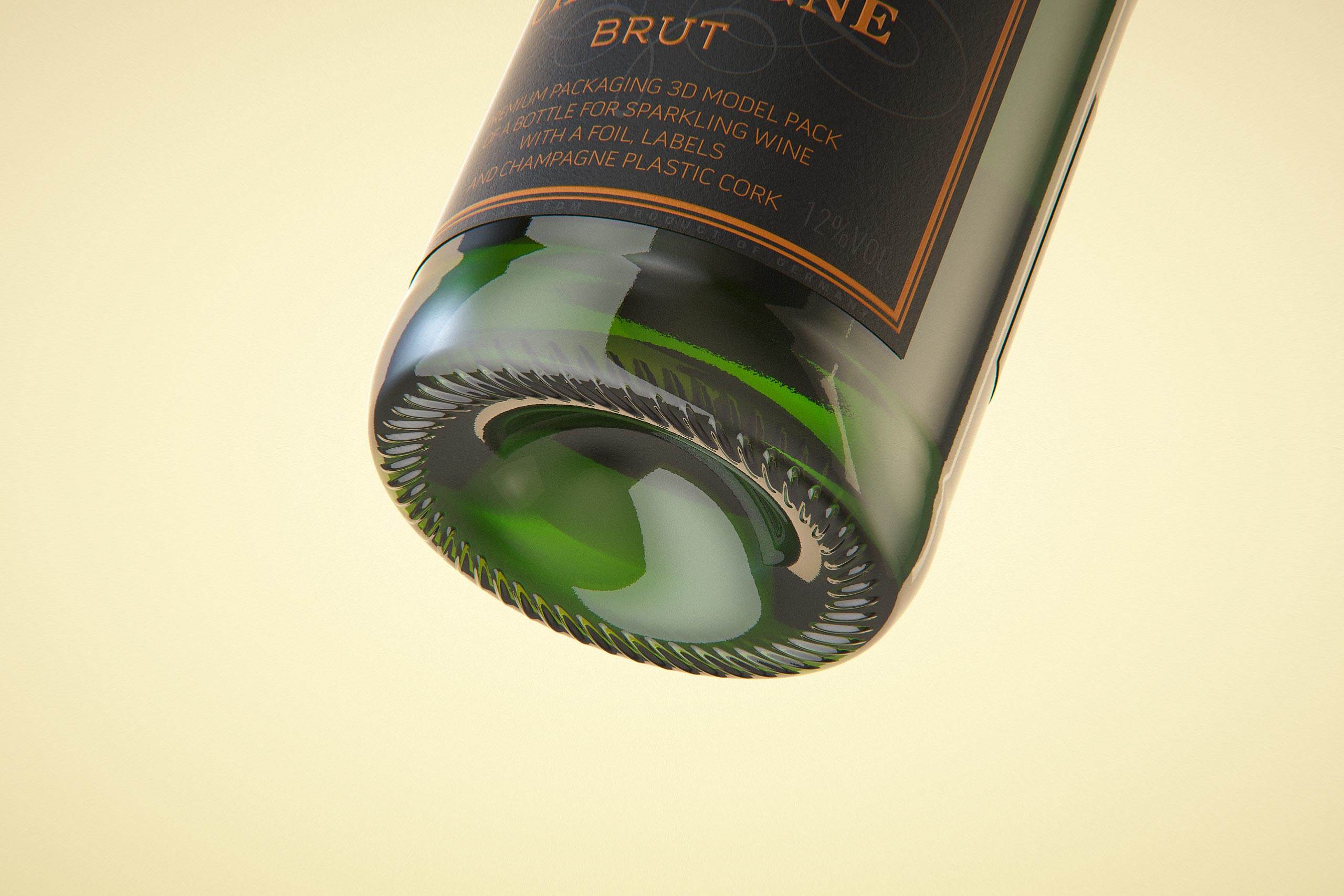 Champagne glass bottle 750ml 3d model for sparkling wine, with foil, labels, plastic cork and glass of wine