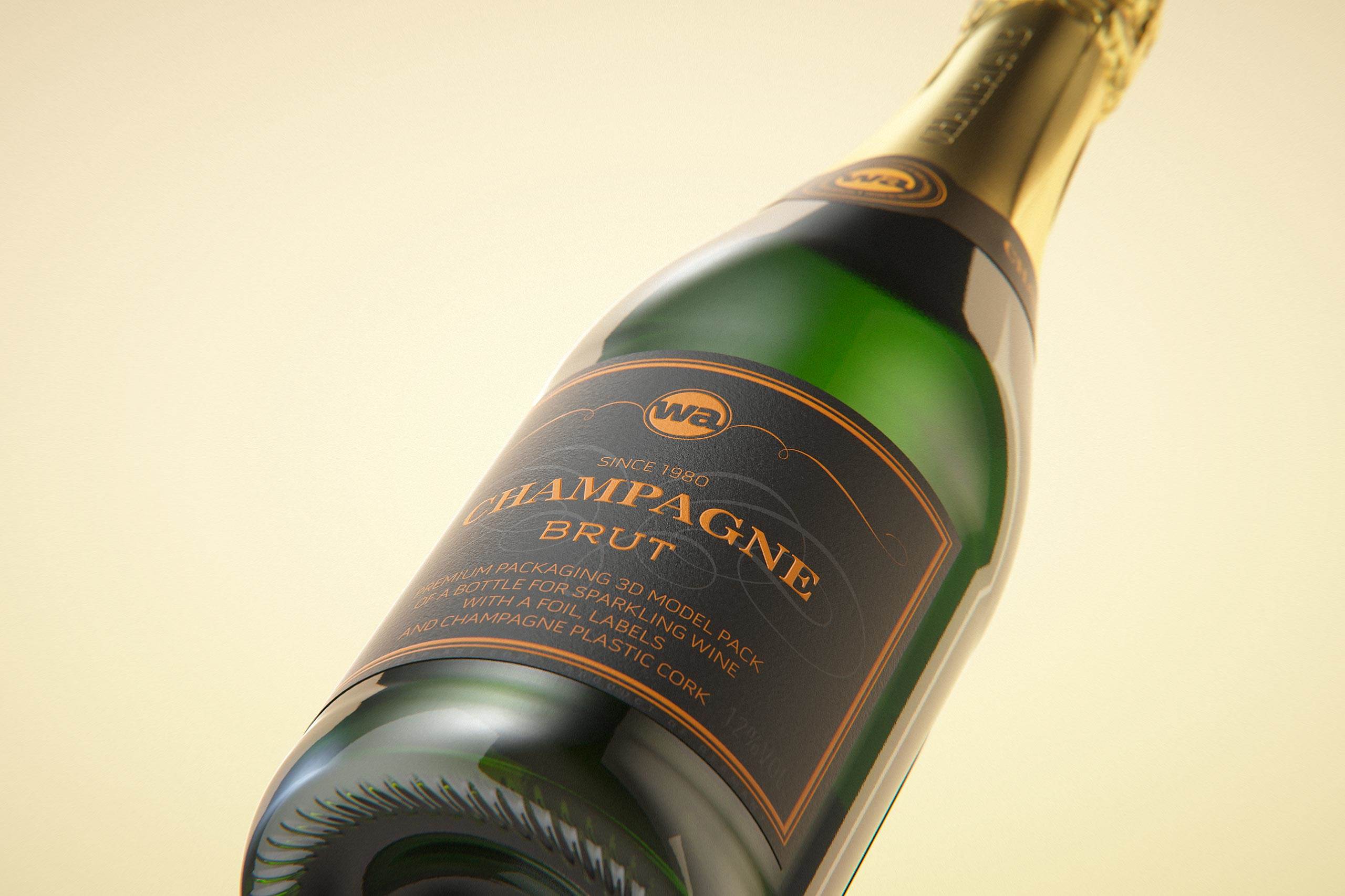 Champagne glass bottle 750ml 3d model for sparkling wine, with foil, labels, plastic cork and glass of wine