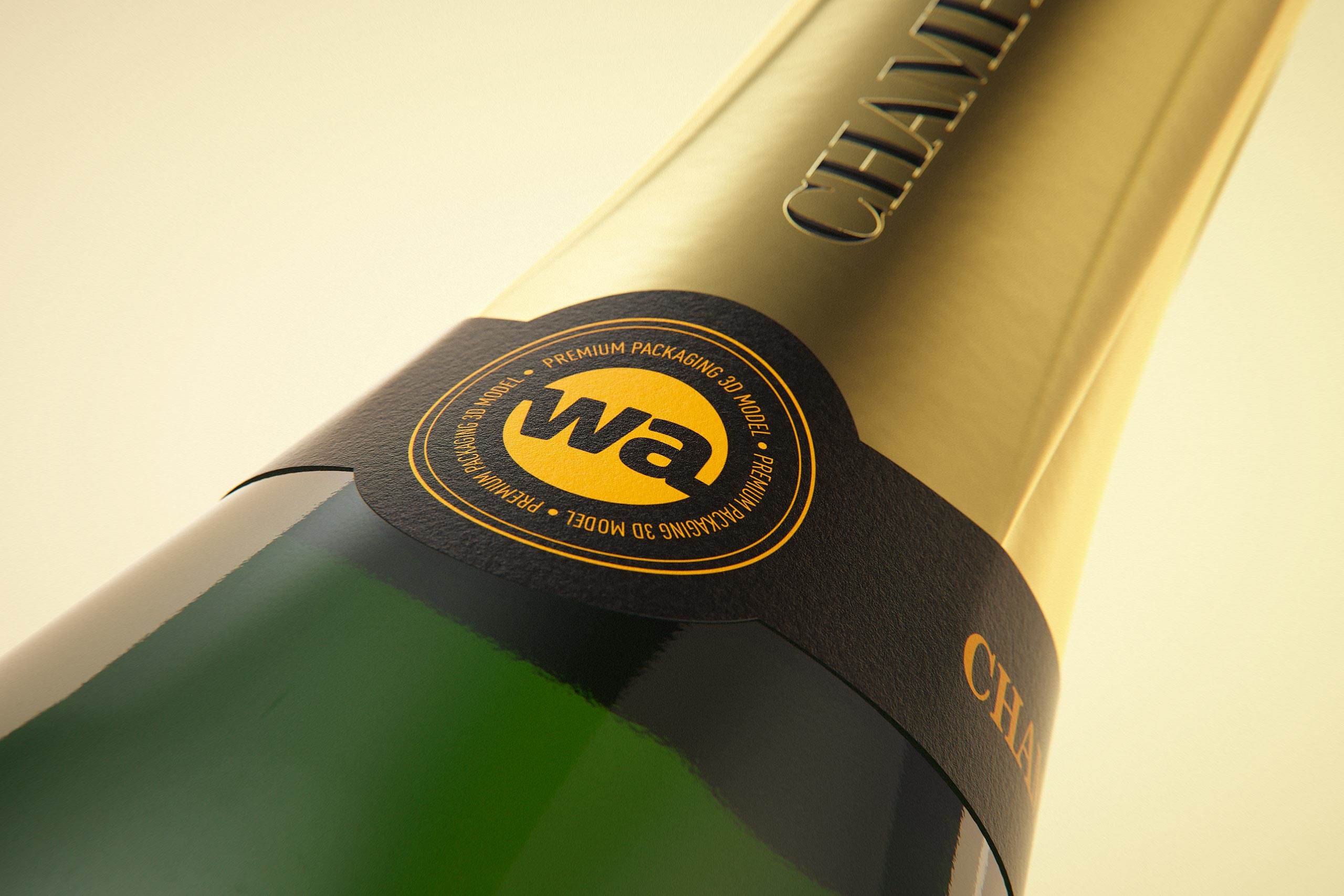 Champagne glass bottle 750ml 3d model for sparkling wine, with foil, labels, plastic cork and glass of wine