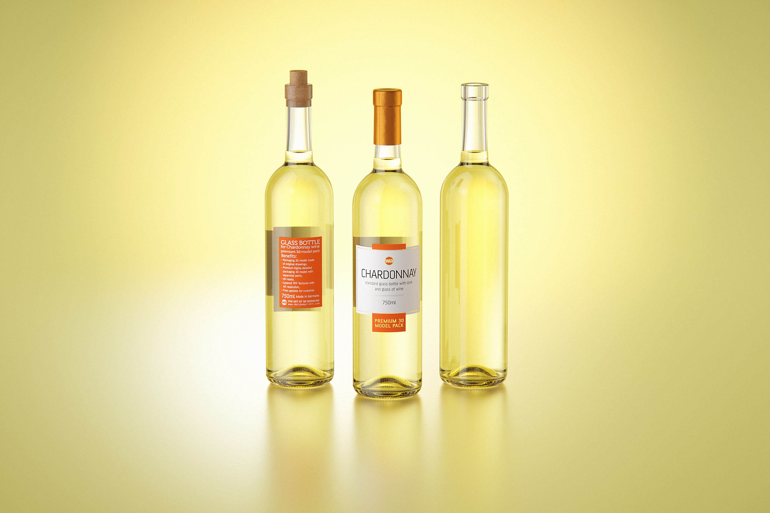 3D model of a Chardonnay glass bottle 750ml with cork