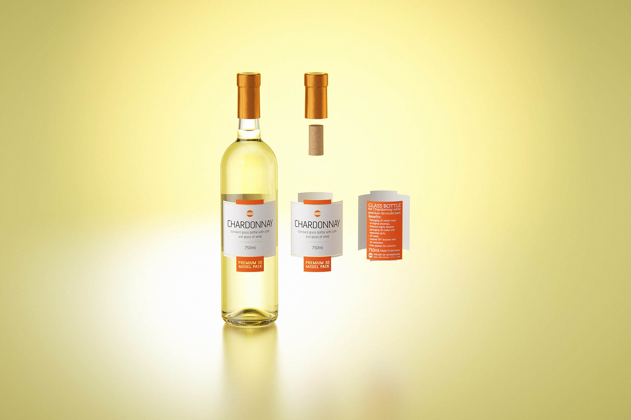 3D model of a Chardonnay glass bottle 750ml with cork